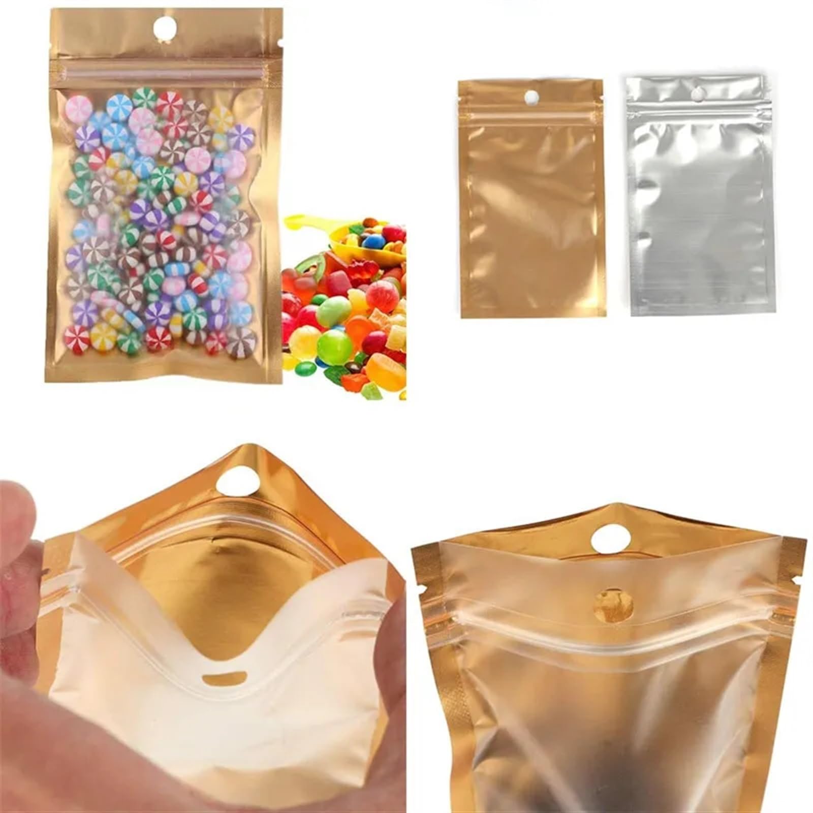 50 szt. folii aluminiowej Mylar samouszczelniające torby z zamkiem błyskawicznym płaskie metalowej możliwością ponownego zamknięcia do przechowywania żywności(18x25cm)