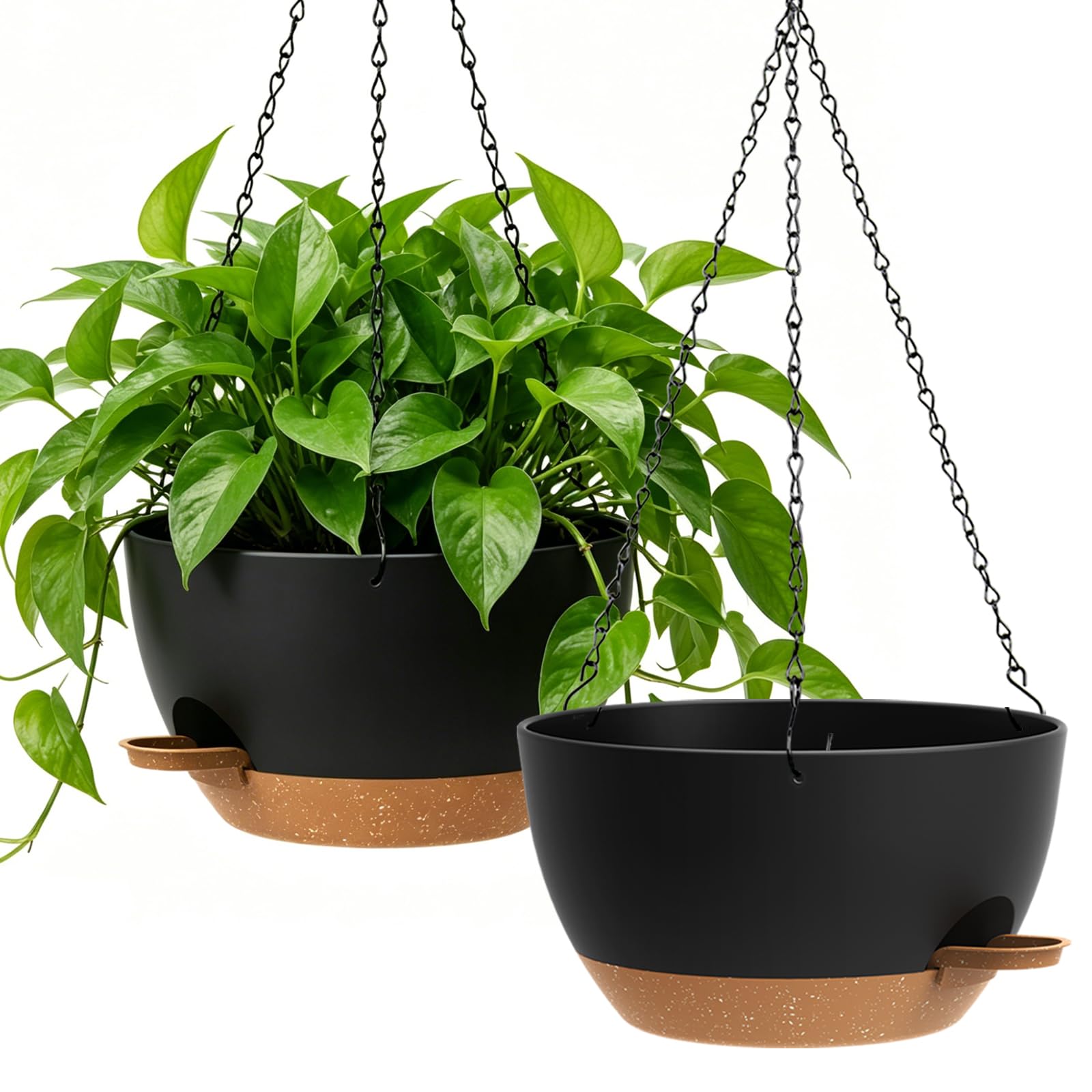 WSMKSZ 33 cm Large Self Watering Hanging Planters Indoor Outdoor, 2 Pack Plastic Hanging Plant Pots with Drainage Holes & Removable Reservoir, Hanging Baskets for Balcony Porch and Flower, Black Brown