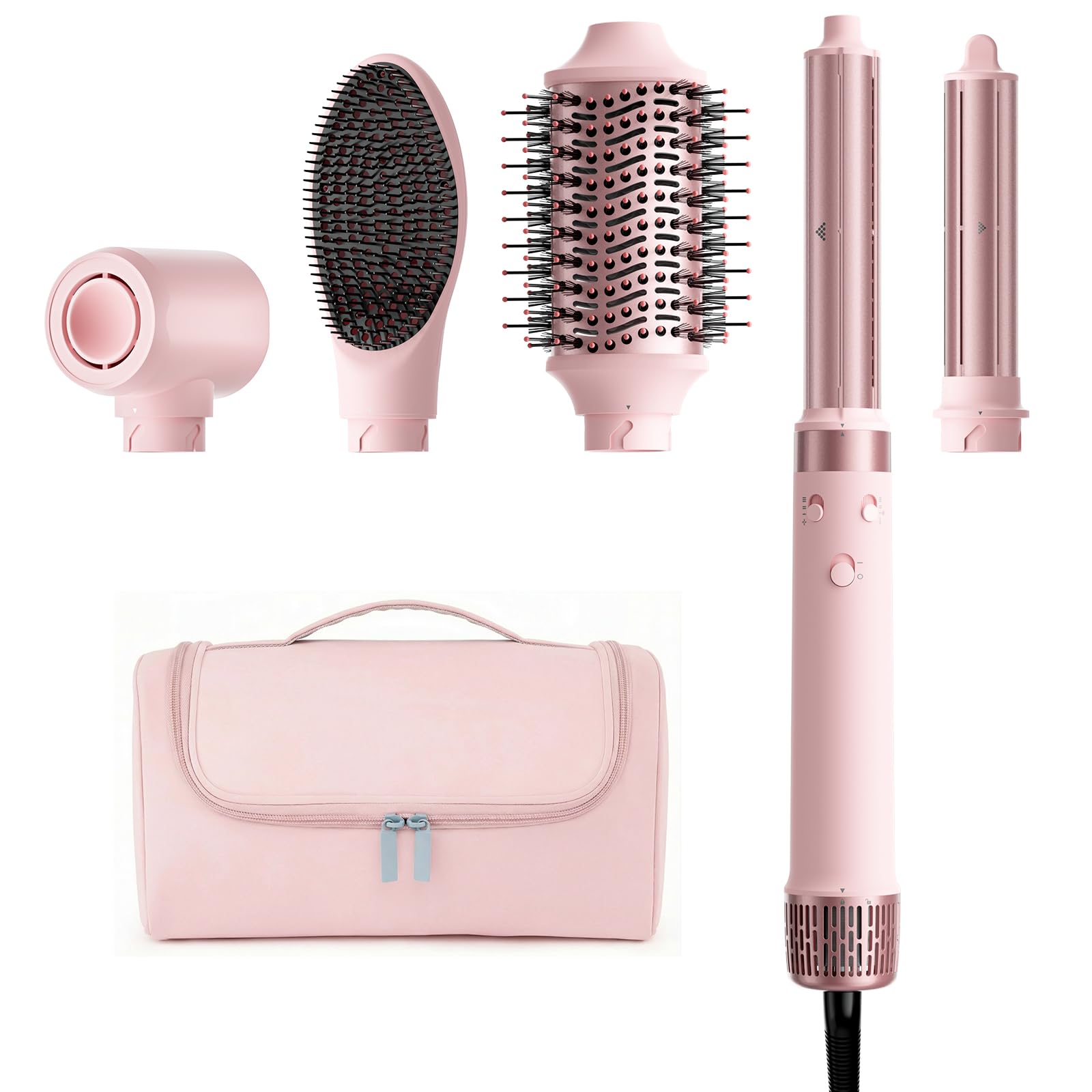 Dual Voltage Hot Air Styler Wrap - 5 in 1 Hair Dryer Brush with Fast Drying Blow Dryer, Styling, Straightening & Volumizing with Travel Bag (100V–240V) -Pink