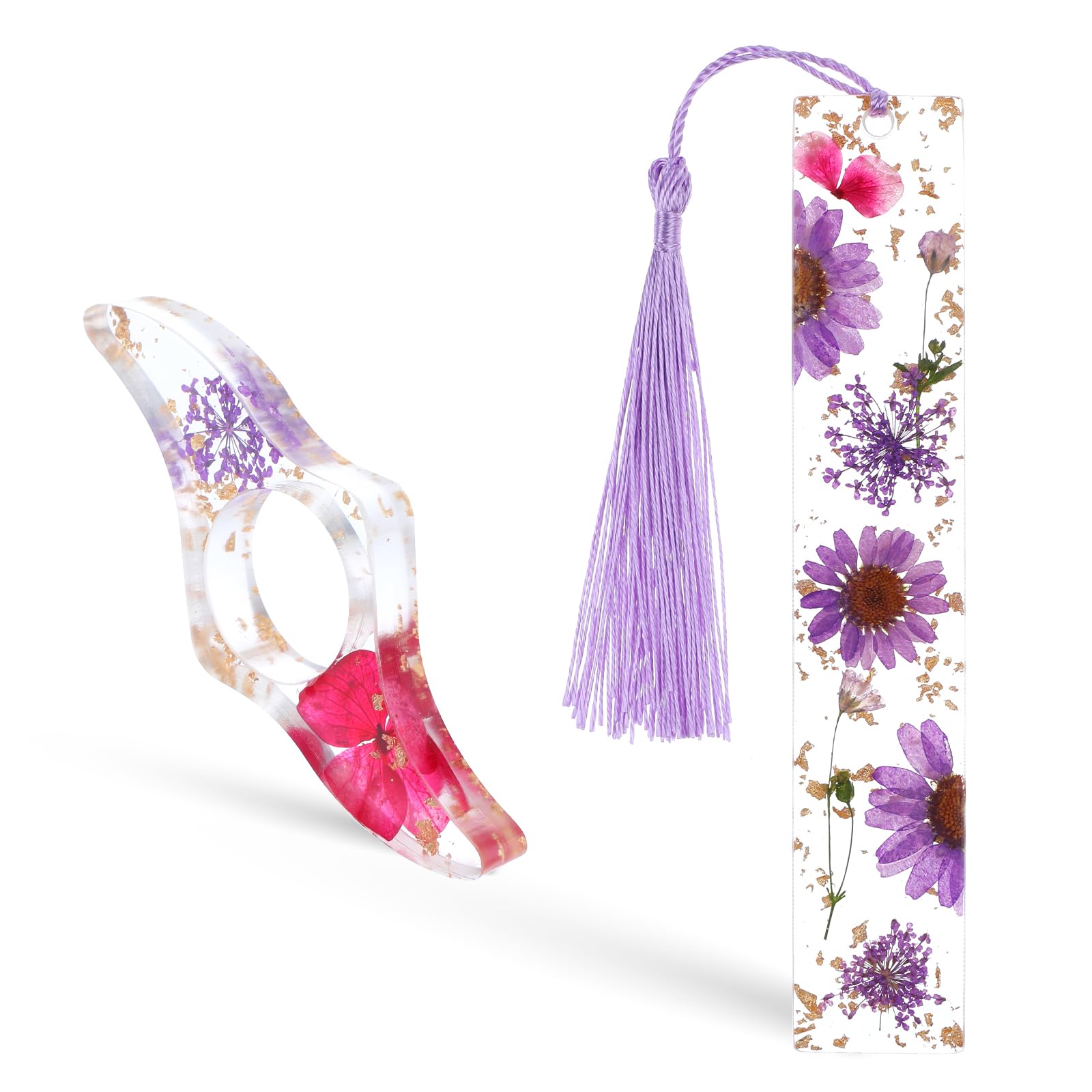 YUXIANLB 2Pcs Thumb Book Page Holder, Dried Flower Resin Bookmarks with Tassel, Book Mark Set for Reading Lovers