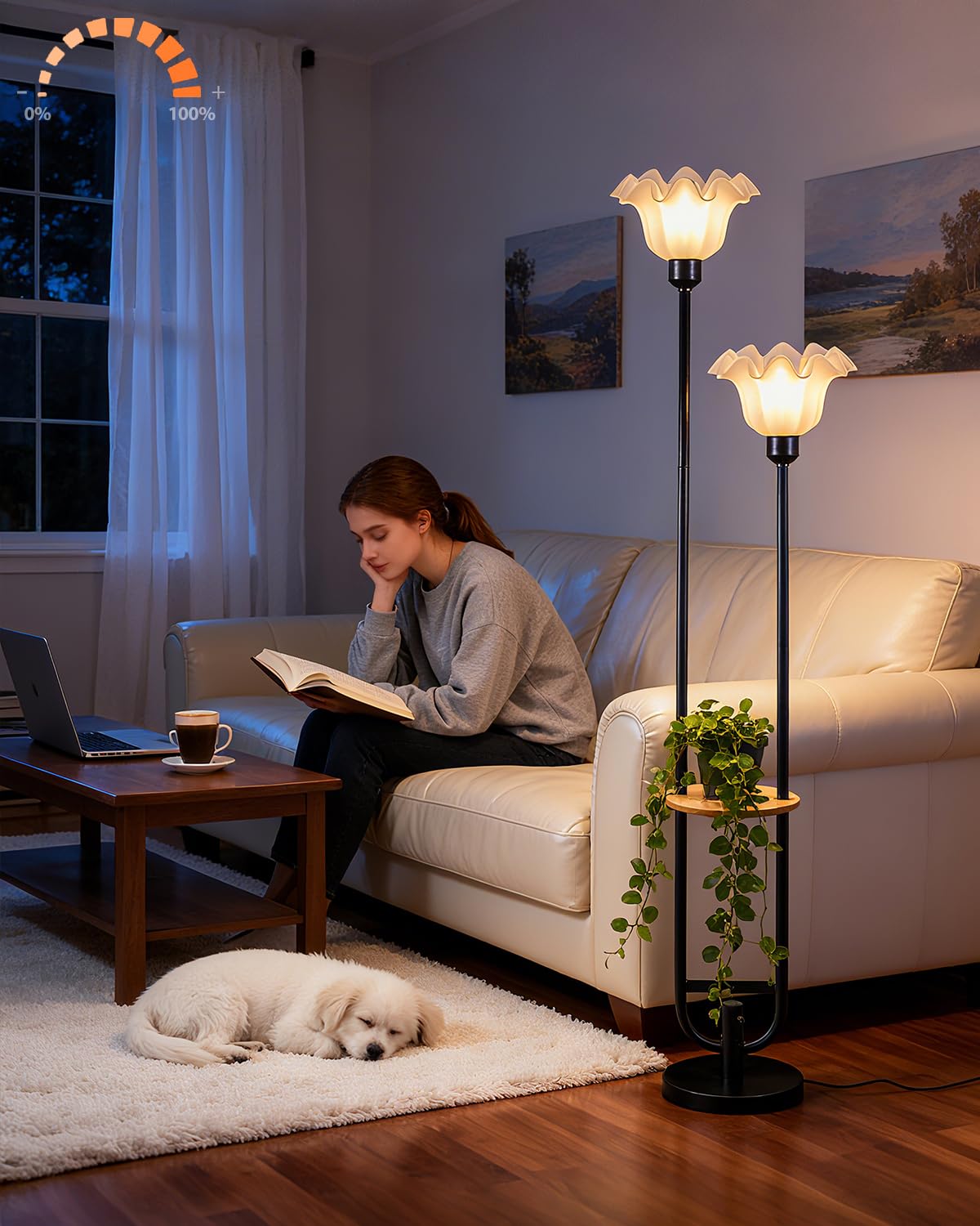 Lightdot Dimmable Flower Floor Lamp for Living Room, Modern Mid Century Floor Lamp with Table, Black Tall Standing Lamp with 5Lbs Heavy Base for Bedroom/Sofa Beside/Corner Decor(Bulb Included)