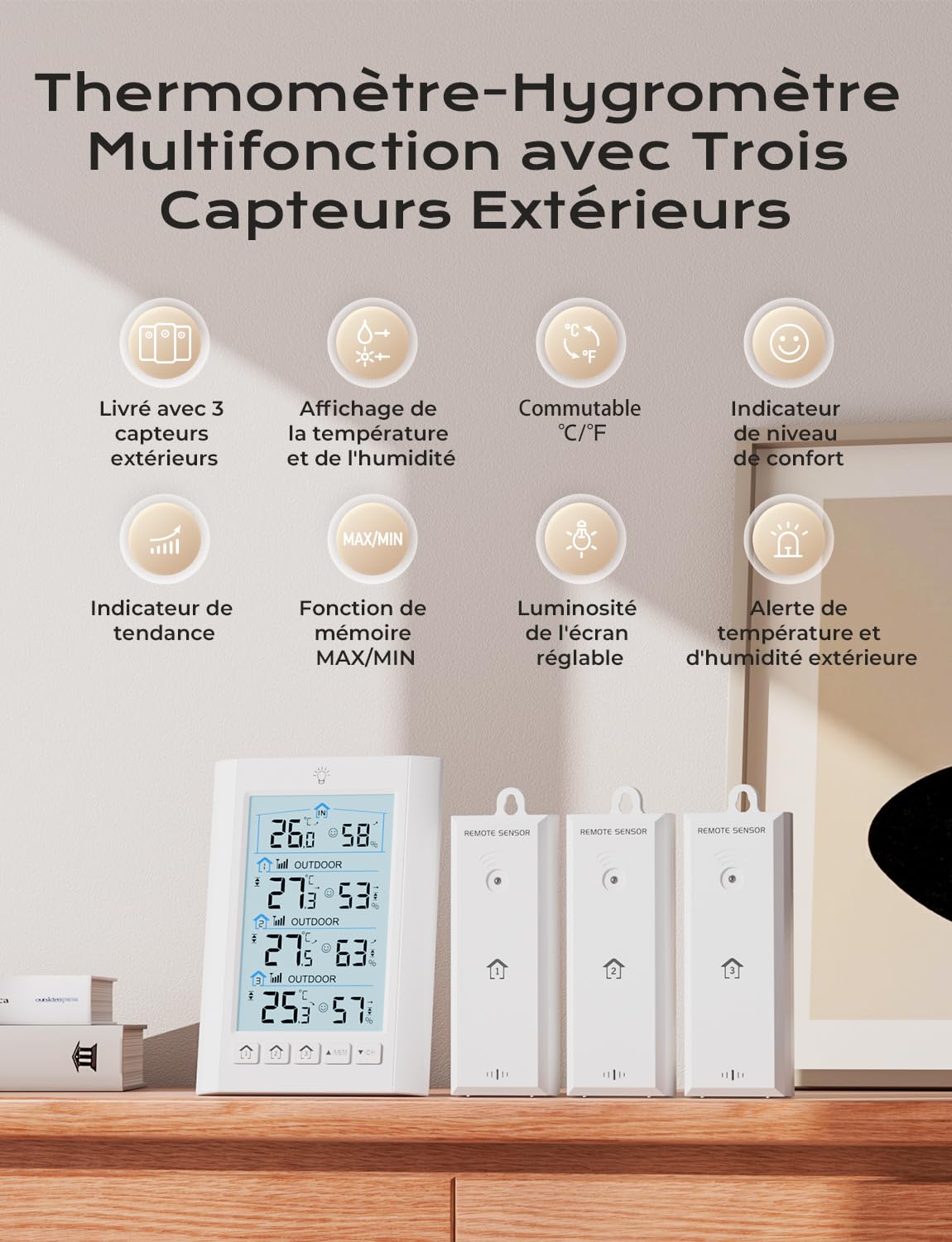 Station Meteo Interieur Exterieur Sans Fil LIORQUE Thermometre Hygrometre avec 3 capteurs LCD Portee Transmission 100m