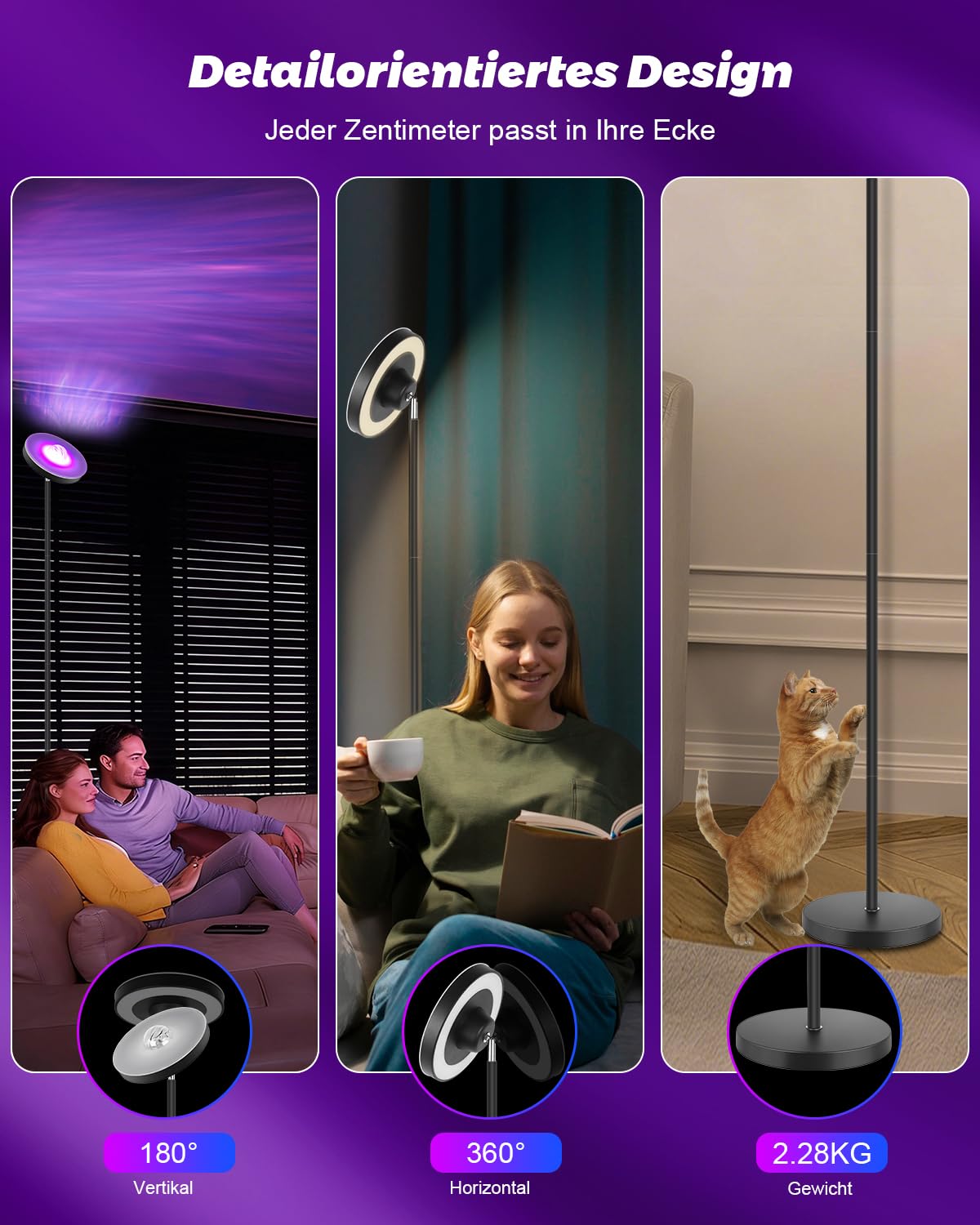 LED Deckenfluter mit Wasserwellen-Projektor, 24W Stehlampe Wohnzimmer Dimmbar, RGB Ambientebeleuchtung, 2700-6500K, Fernbedienung, Moderne Stehleuchte für Schlafzimmer Gaming Zimmer Wohnzimmer