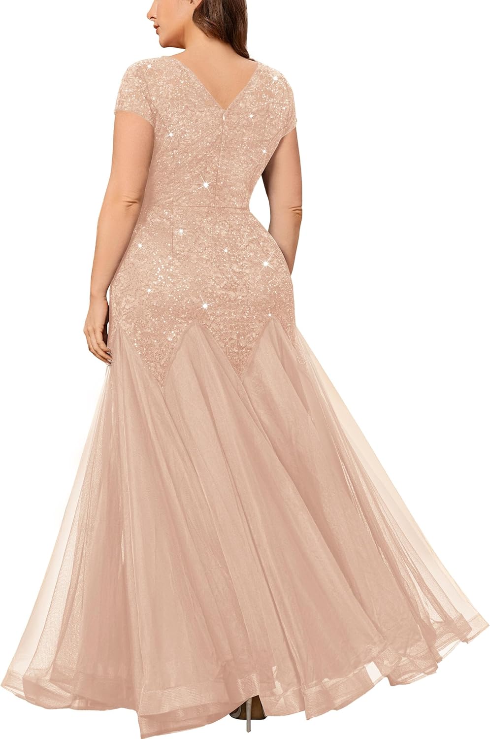 MISSMAY Women's Plus Size Sequin Lace Cut Out Tulle Mermaid Formal Bodycon Evening Maxi Dress - Image 2