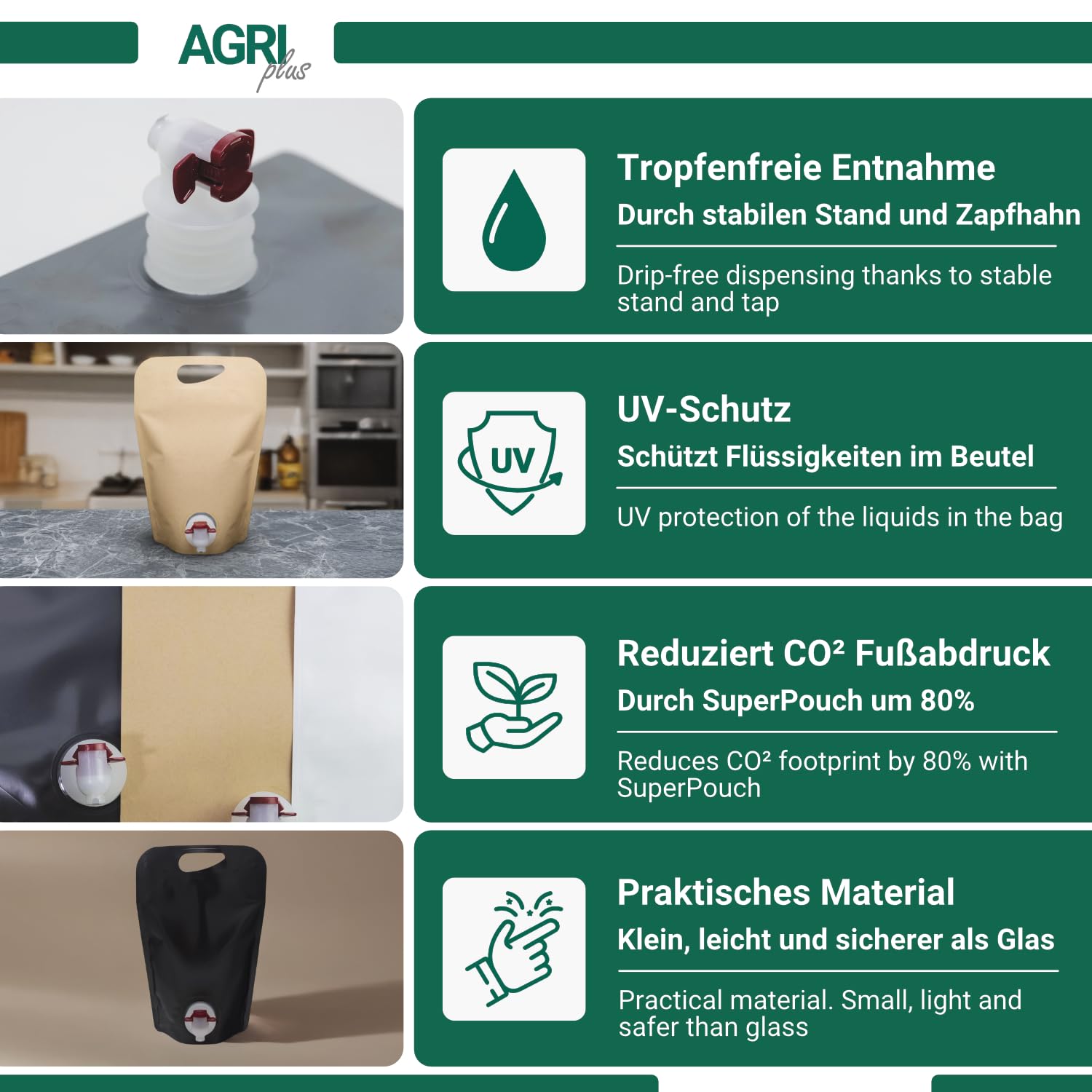 AGRI plus Standbodenbeutel in Weiß I 1 Liter I 10 Stück I Hochwertige Saftbeutel mit Zapfhahn I Faltbarer Camping- & Festival-Trinkbeutel I Bag-in-Box-Beutel für Apfelsaft, Saft & Wein