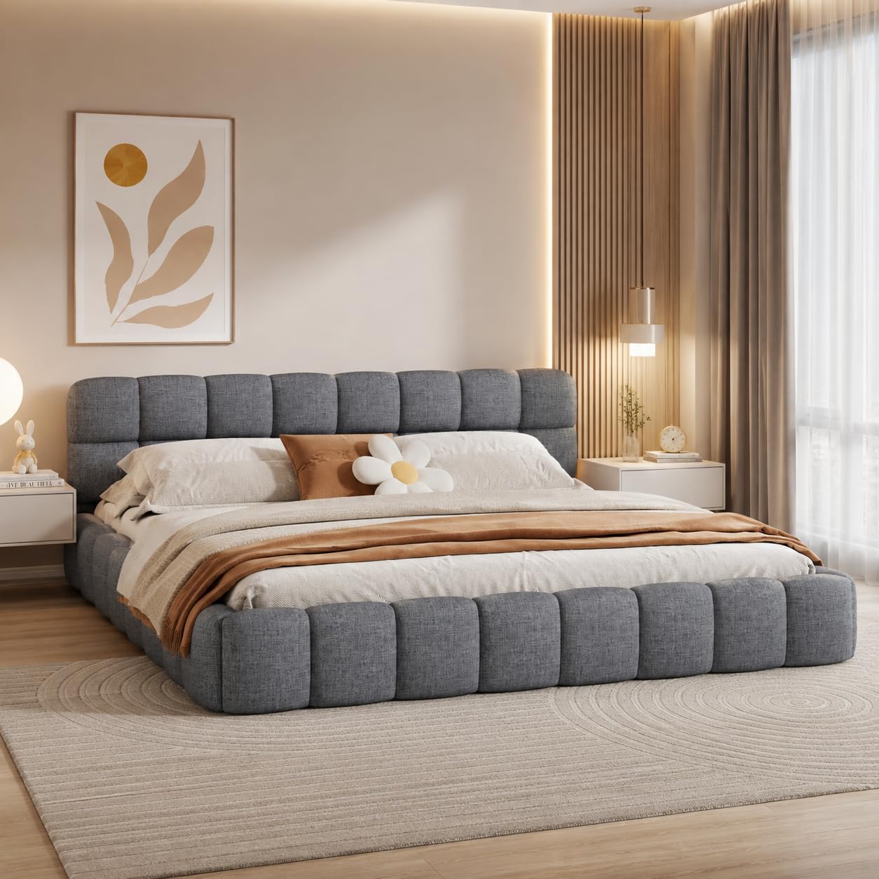 Cama acolchada de 140 x 190 cm, cama de matrimonio acolchada de tela con estructura de cama con cabecero y somier de láminas, cama de matrimonio para niños, respaldo suave y estructura acolchada (gris