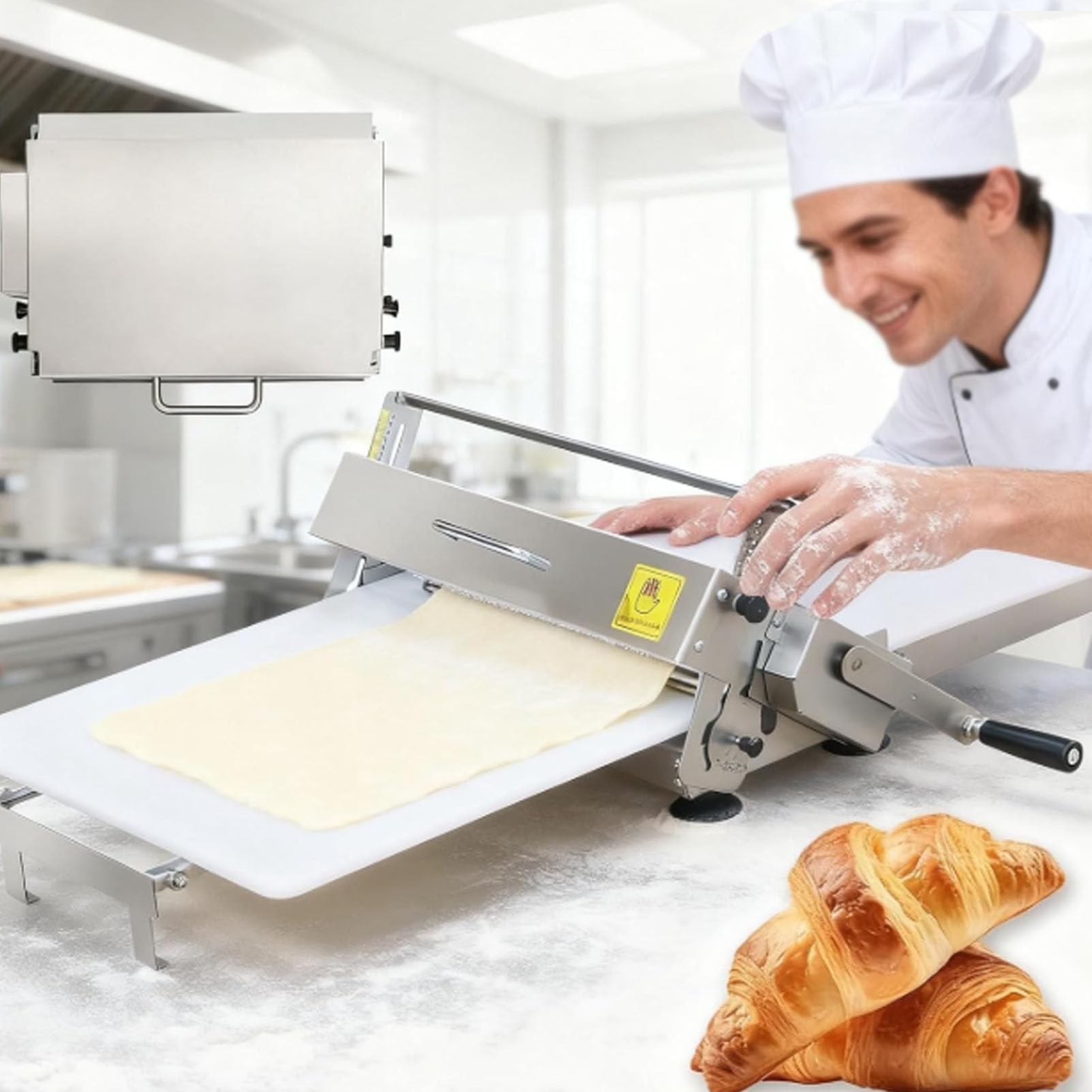 Gewerbliche Teigausroll- und Gebäckwalzenmaschine, manuelle Teigausrollmaschine mit Einstellbarer Dicke, kompakte Teigausrollmaschine für Croissants, Kuchen, Blätterteig