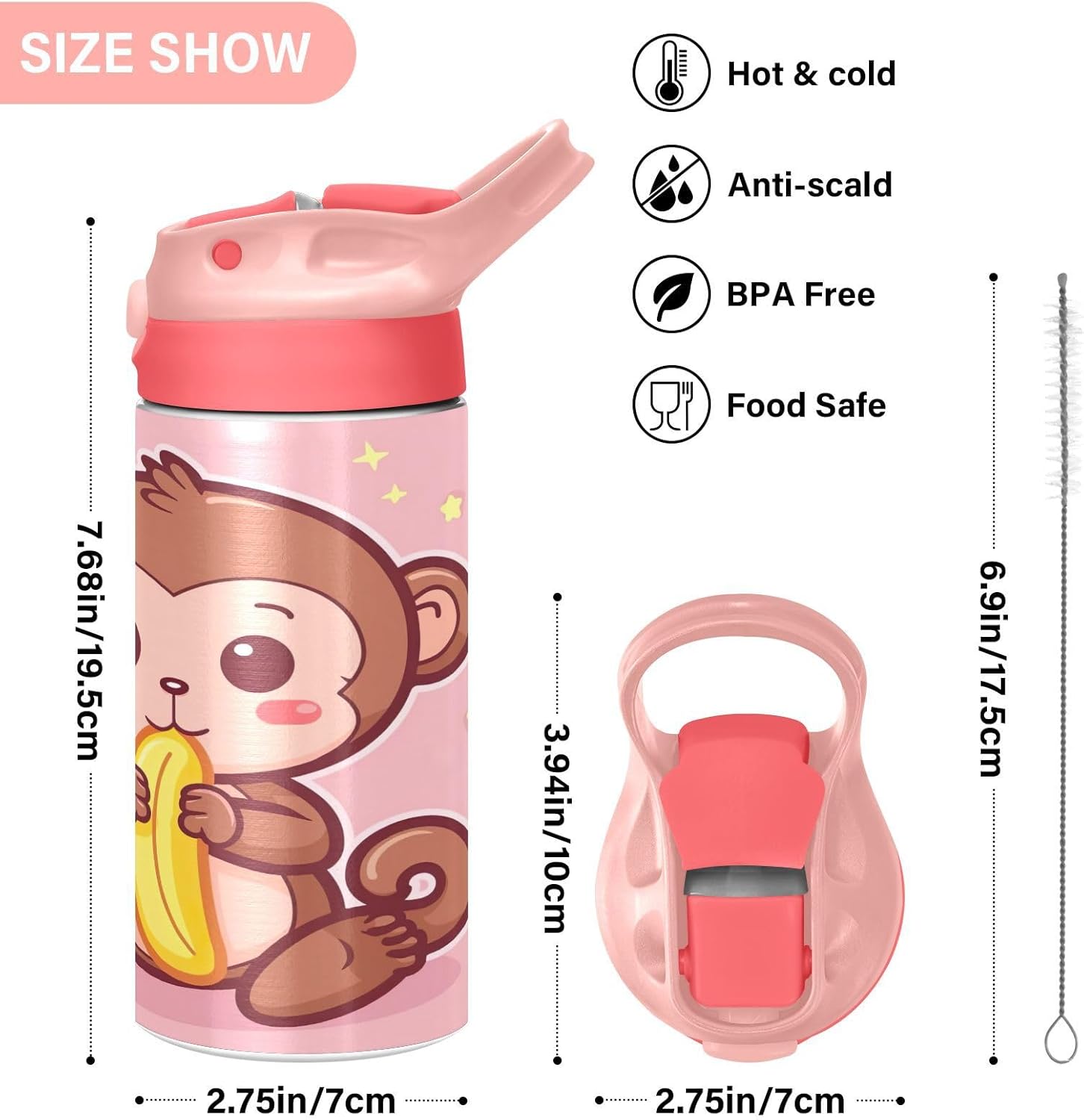 Cute Cartoon Monkey Kids Water Bottle For Boys & Girls Insulated Stainless Steel Reusable Metal Thermos Bottles Leak-Proof Straw Lid BPA-Free - Image 3