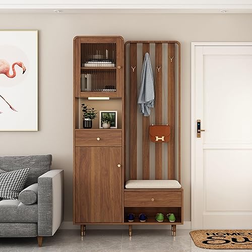 Multi-Functional Wooden Wall Room Divider Screen,with Storage Cabinet Shoe-Changing Bench and Coat Racks for Home Office Space Decoration Privacy Partition(Walnut-A,100cm/39.3in)