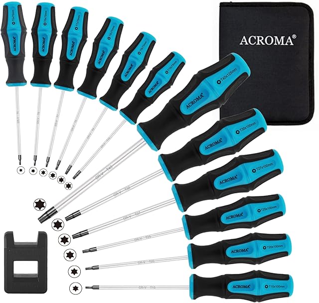 Acroma 12-Piece Magnetic Torx Screwdriver Set, Cr-V Forged DIN Standard Blade with Heavy Duty Non-Slip Grip, 400D Hardcover Nylon Tool Bag and a Demagnetizer as Bonus, W20012