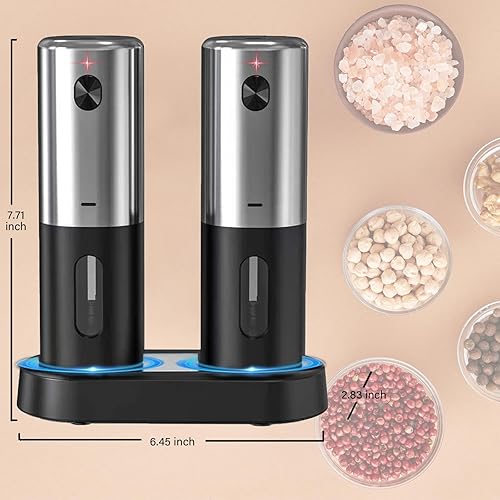 Miniatura 2 de Juego de molinillo eléctrico de sal y pimienta, funcionamiento automático con una sola mano, luz LED blanca, base de carga doble, grosor ajustable,