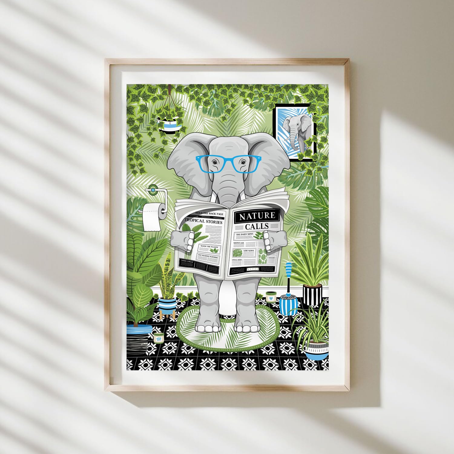 Parmaro Elephant Reading Newspaper Bathroom Print, A4 UNFRAMED Animal Print, Green Botanical Tropical Bathroom Decor - Image 2