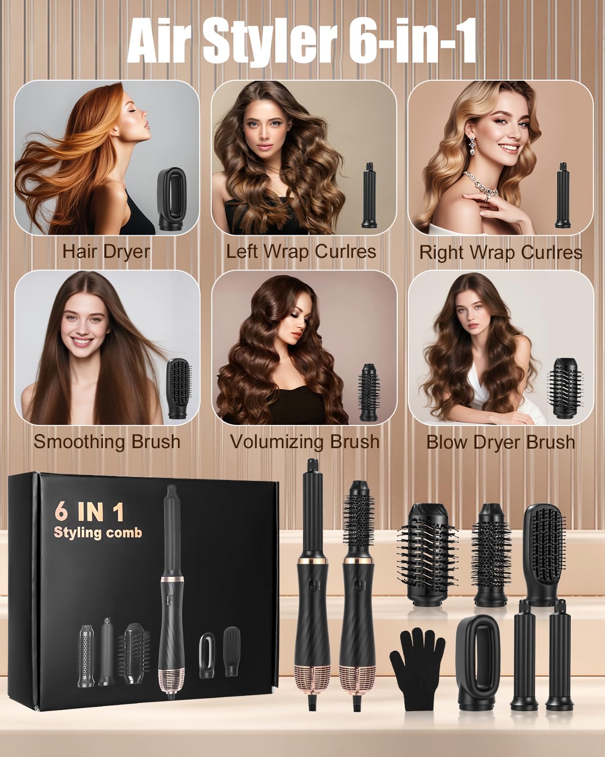 Cepillo Secador De Pelo 6 en 1, Cepillo de Aire Caliente,Cepillo Alisador Pelo,Secador de Pelo,Rizador Automático,Hermal Brush,Moldeador Pelo Voluminizador, 3 Temperaturas, Para Seca, Alisa, Volumen
