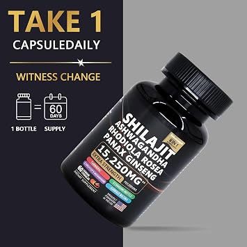 Pure shilajit Supplement with ashwagandha,Ginseng,rhodiola rosea,cordyceps Mushroom,Ginkgo biloba,stinging Nettle,Turmeric,8 in 1 Supplement