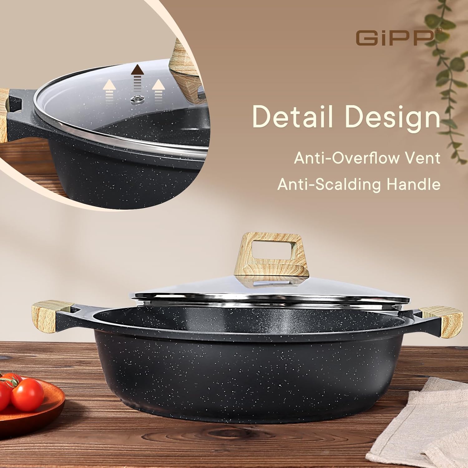 GiPP 6QT Nonstick Stock Pot with Lid Soup Pot,12.6 Inch Non Toxic Stockpot for Cooking,Stew Pot with Nonstick Ceramic Coating,Non Stick Cooking Pot Compatible with All Stoves,PFAS/PTFE/PFOA Free,Gray