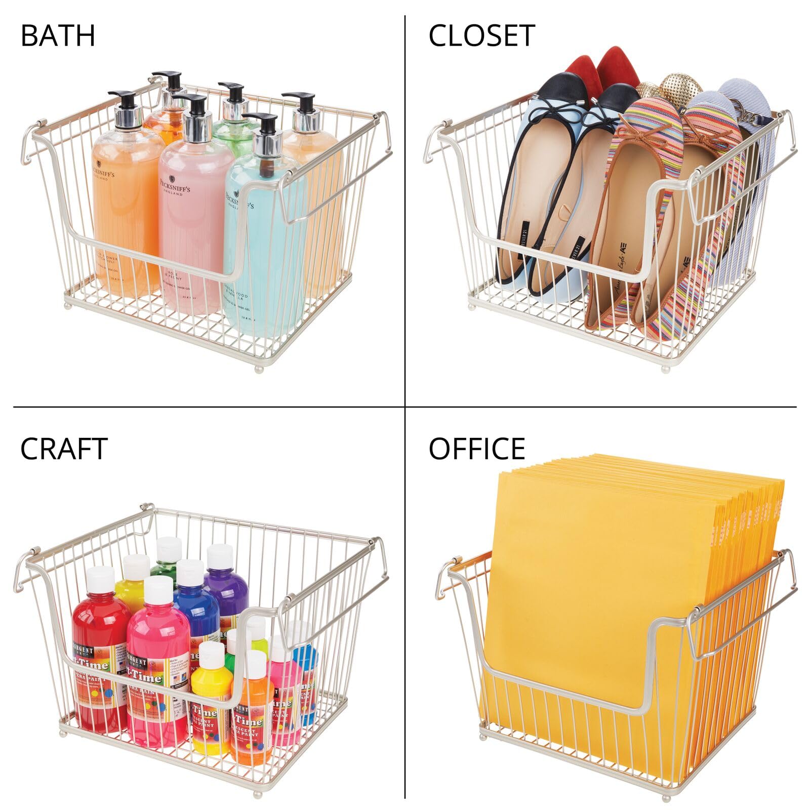 mDesign Moderno cestino portaoggetti in metallo – Grande organizer cucina con manici – Contenitore cucina capiente impilabile – Set da 6 – argento opaco