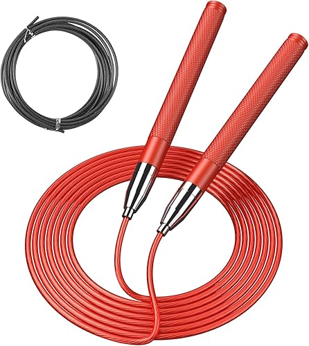 Cuerda de saltar de velocidad para hombres y mujeres, cuerda de saltar de fitness con mango de aluminio y 2 cuerdas, diseño de autobloqueo, cuerda
