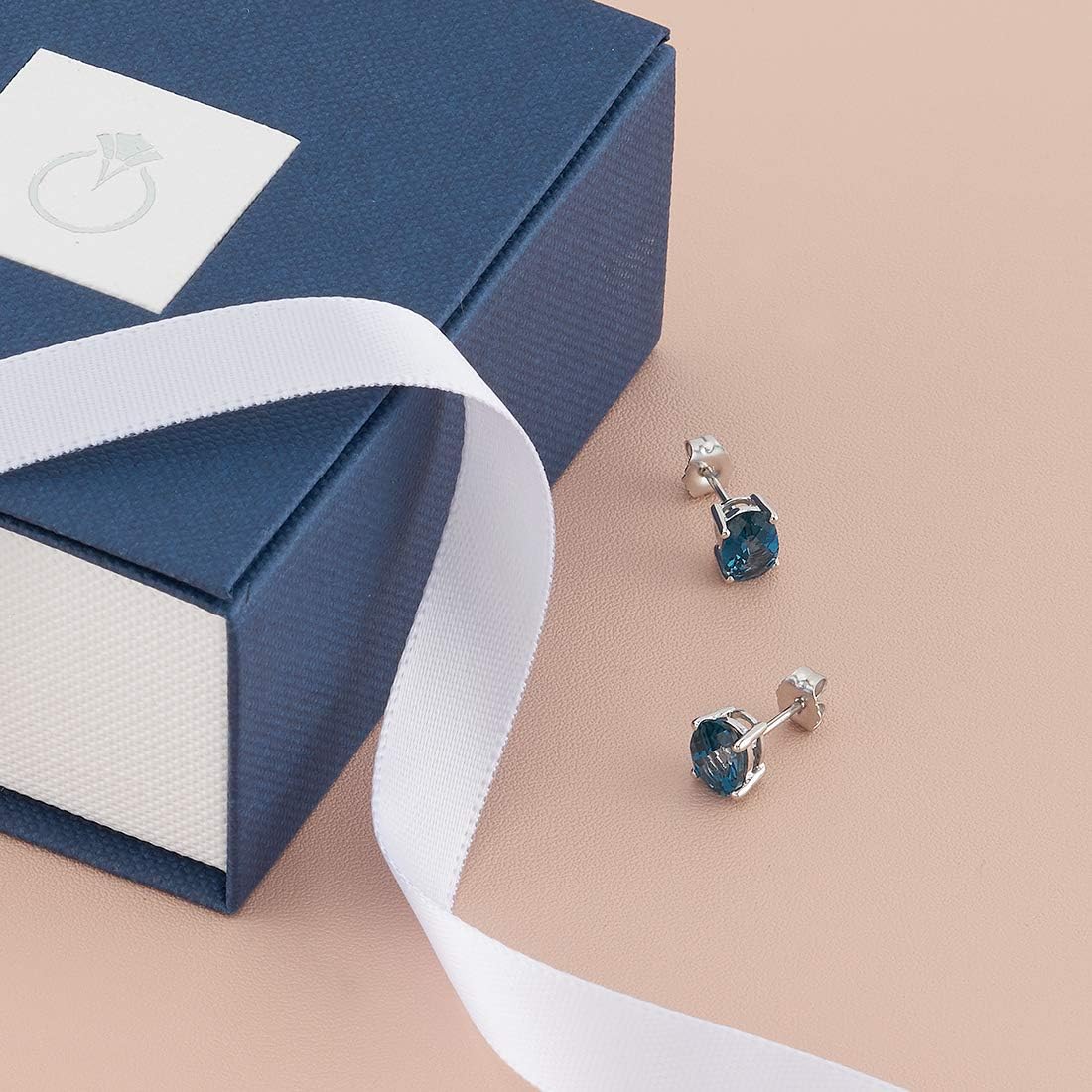 Peora 14K White Gold London Blue Topaz Earrings for Women, Natural Gemstone Classic Solitaire Studs, 7x5mm Oval Shape, 2 Carats total, Friction Back, December Birthstone