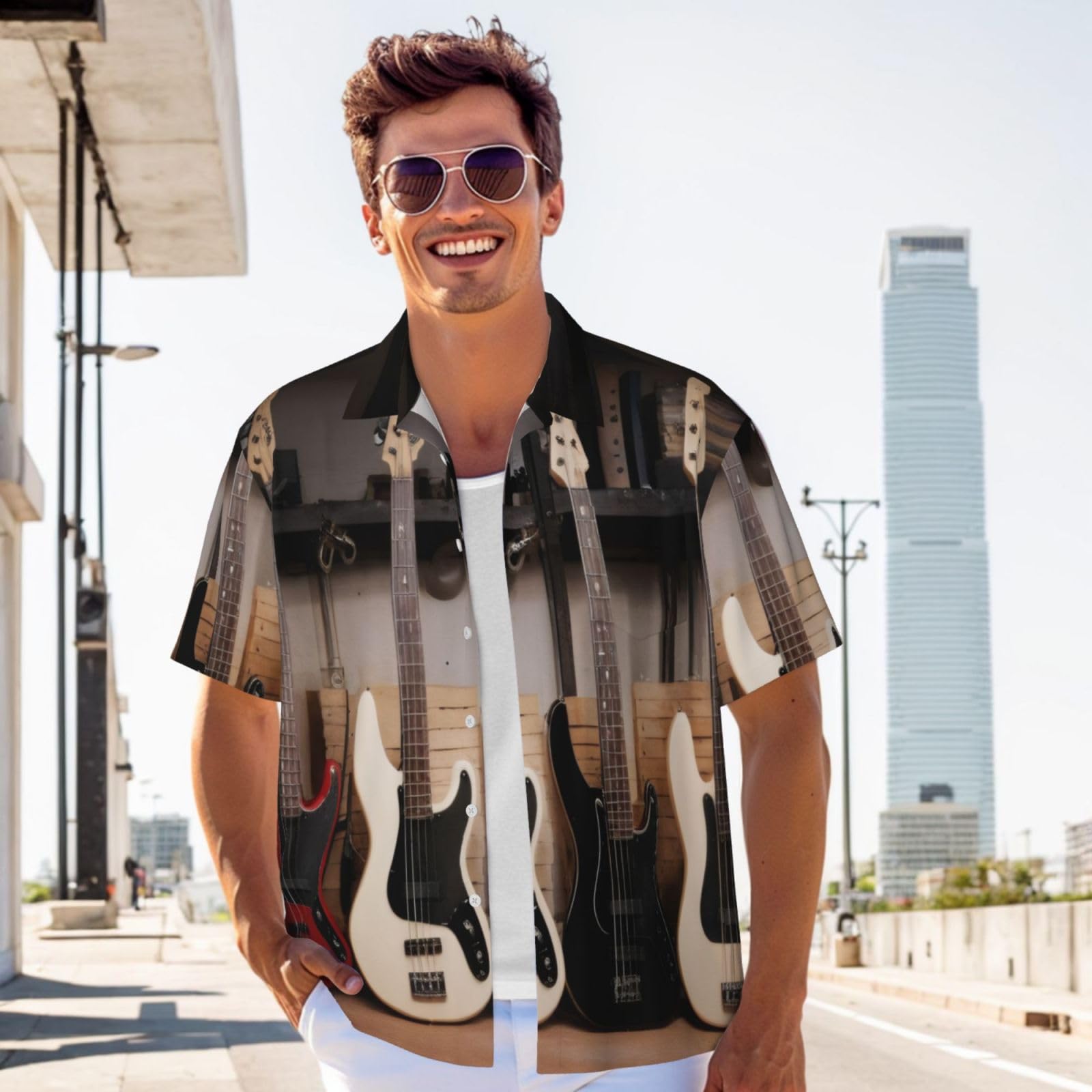 Chemise décontractée à manches courtes pour homme - Guitare basse - Instruments de musique - Chemise d'été boutonnée de plage avec poche | Chemises hawaïennes pour homme