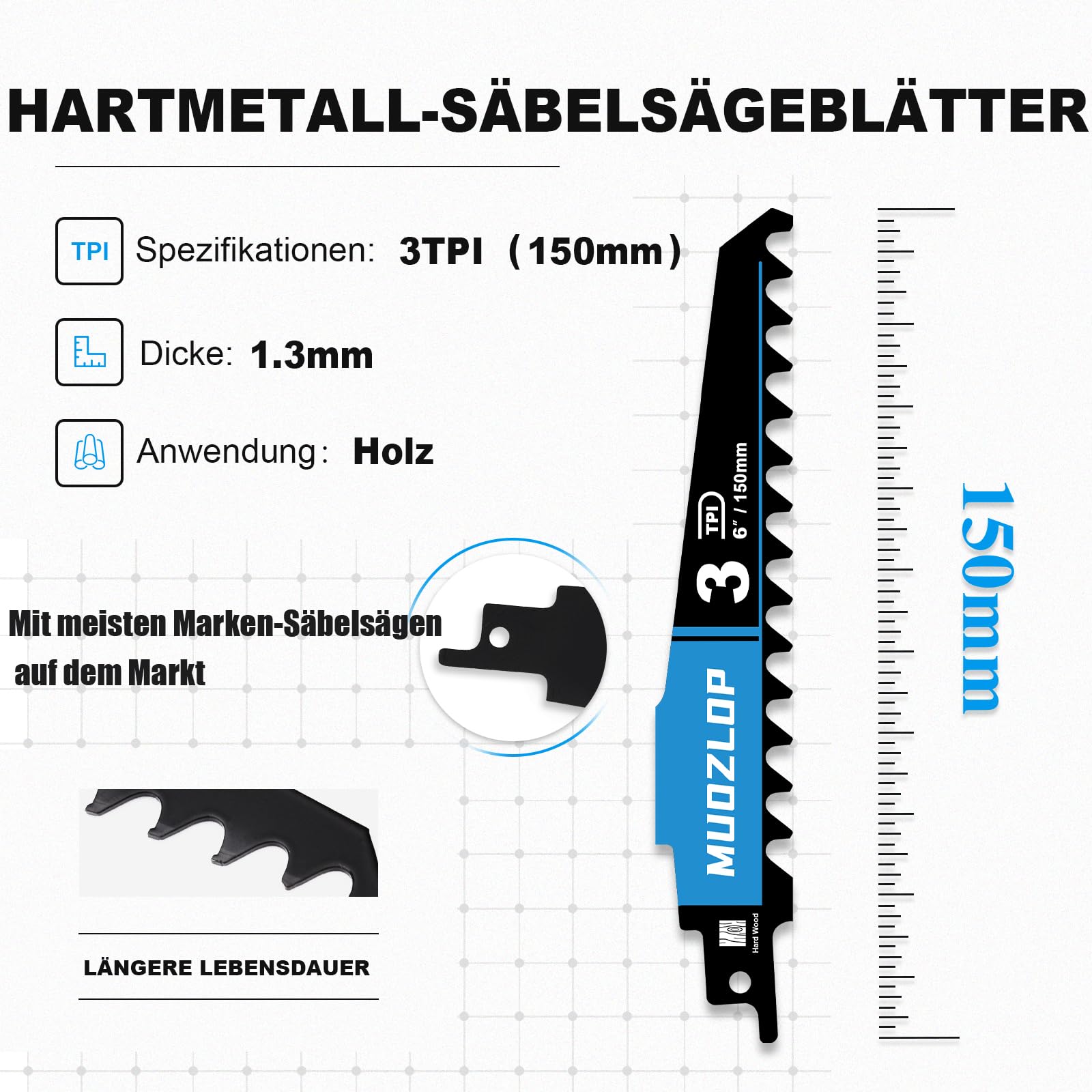 TPI Lame per sega universale, in metallo duro, 150 mm, 10 pezzi, lame per sega universale, in metallo duro, per legno (10, 3T/150 mm)