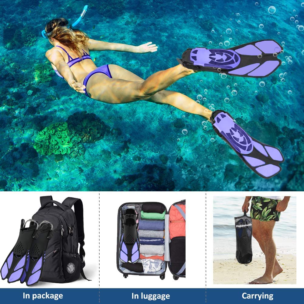 Aletas de esnórquel, aletas de natación de tacón abierto, ajustables, aletas cortas de tamaño de viaje con bolsa de malla para esnórquel, buceo, natación, adultos, hombres, mujeres, niños,