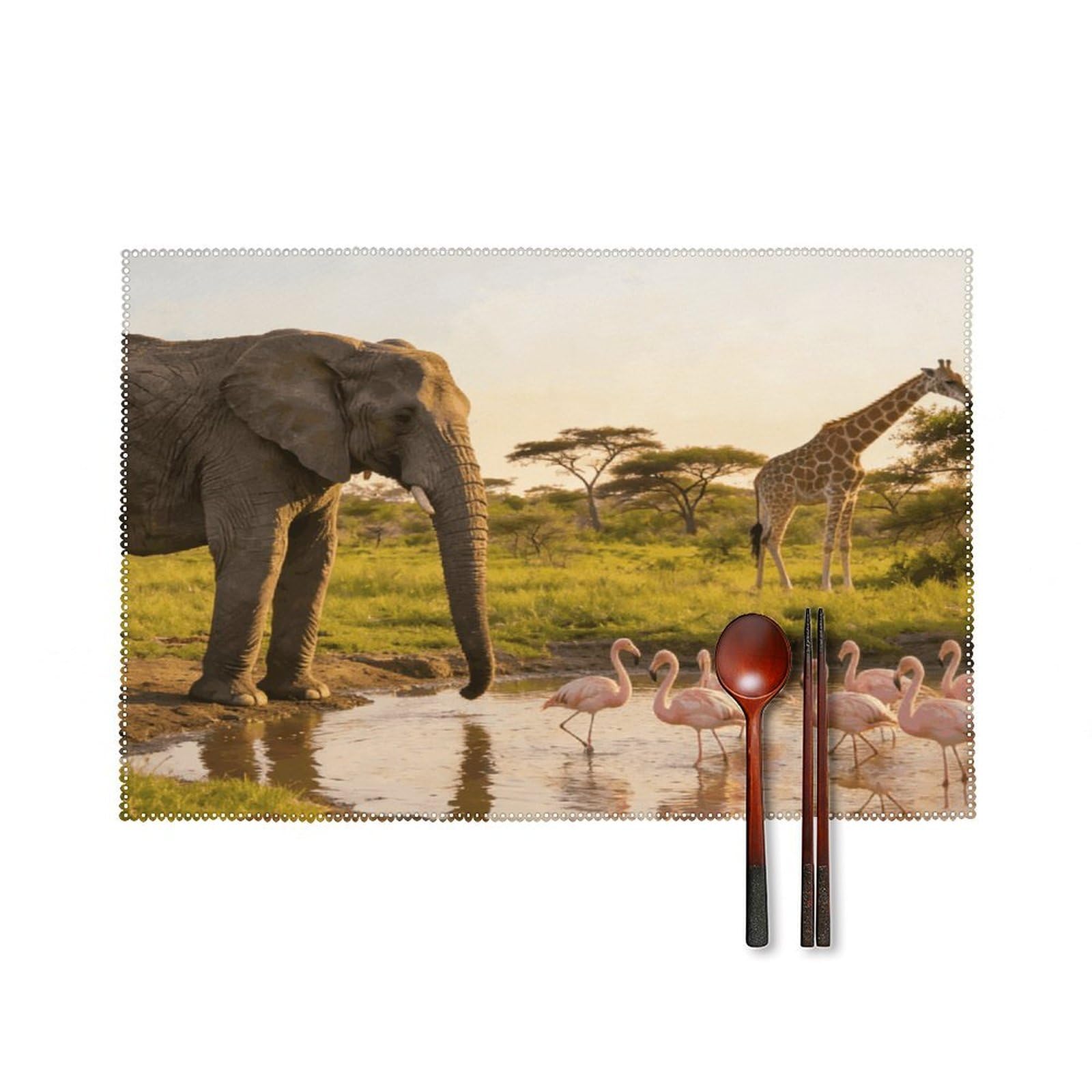 Khauerbc Style Elephant, Flamingo, Giraffe Placemats Set Of 6,Decorating The Dining Table，Canvas Washable Table Mats，Wipe Clean Anti Slip Dining Table Place Mats For Party Kitchen Dining Decoration