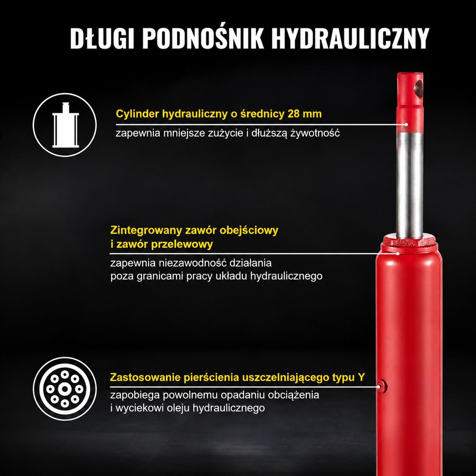 Czerwony hydrauliczny podnośnik słupkowy 4 t ze stalowym cylindrem, pompą jednotłokową, płaską podstawą i uchwytem do żurawi garażowych i warsztatowych