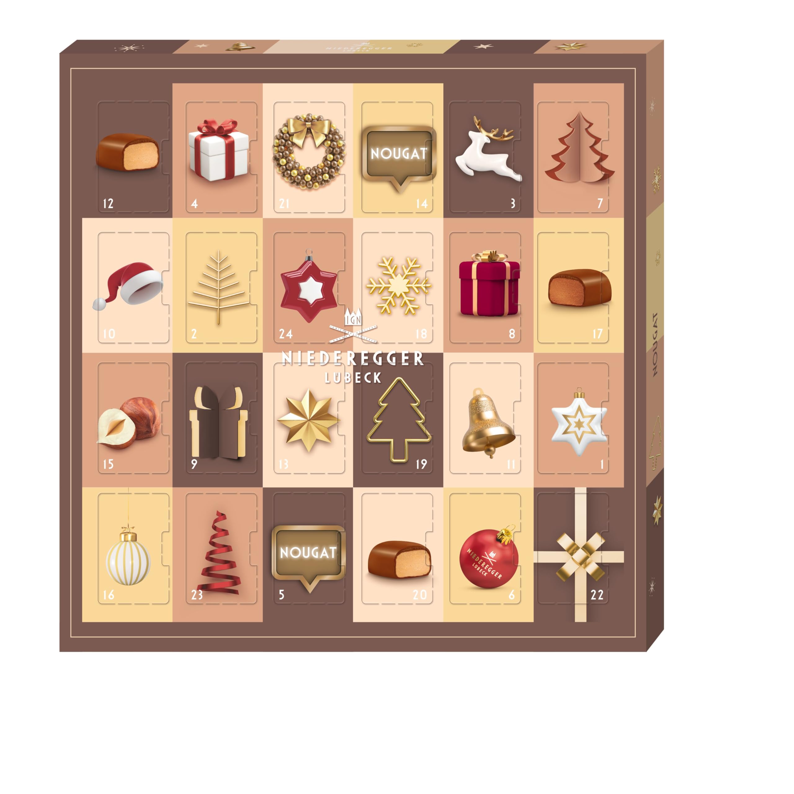 Niederegger | Mini-Adventskalender | 1x 180g | Enthält 24 Nougat-Stücke im Miniformat | Sorte Nuss & Sahne | Umhüllt von Vollmilch-Schokolade | Tischkalender Weihnachten