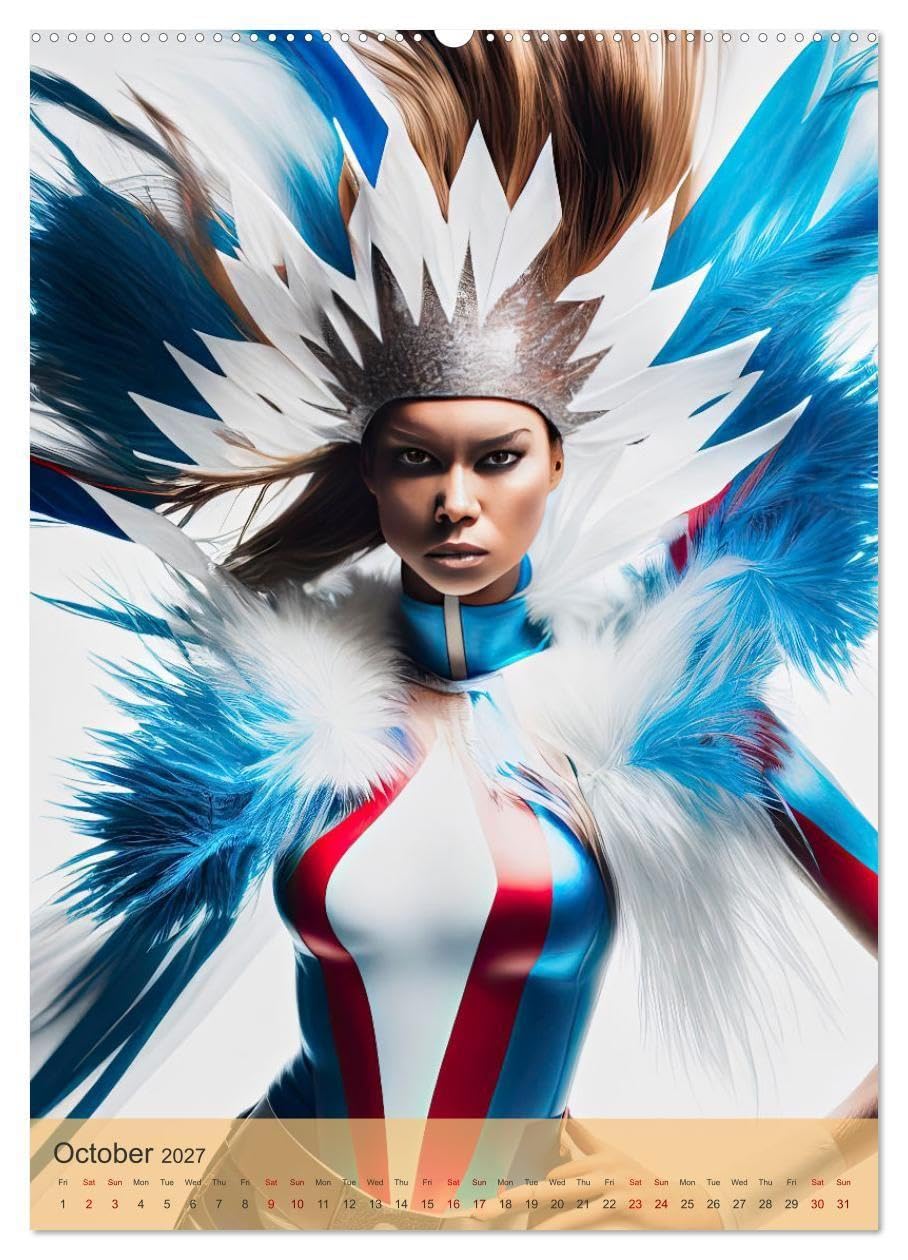 American beauties in a feather style (High Quality Premium Wall Calendar 2027 DIN A2 portrait),CALVENDO 12 Month Wall Calendar: Unique art design of American beauties in feathers