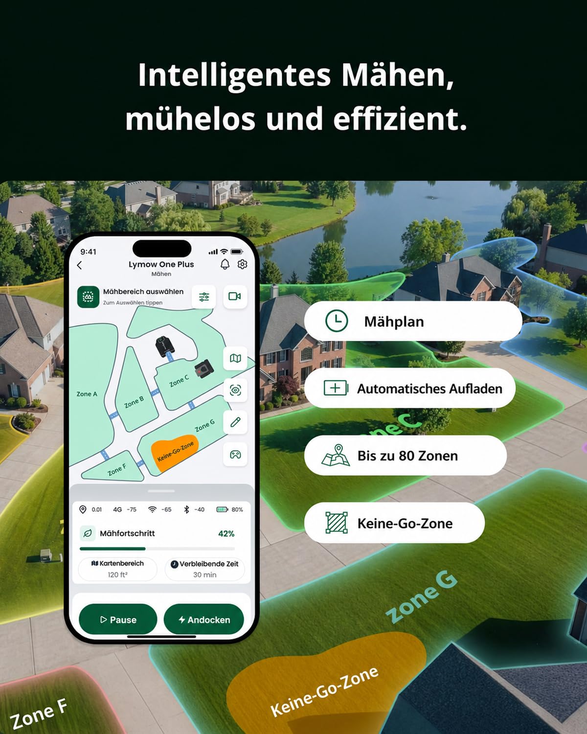 Lymow One Plus Mähroboter ohne Begrenzungskabel für 7000 m², KI-Hindernisvermeidung, 45° Steigung, SK5-Doppel-Rotationsmesser, Schnitthöhe 30-100 mm, RTK+VSLAM, 80-Zonen-Management, App-Steuerung
