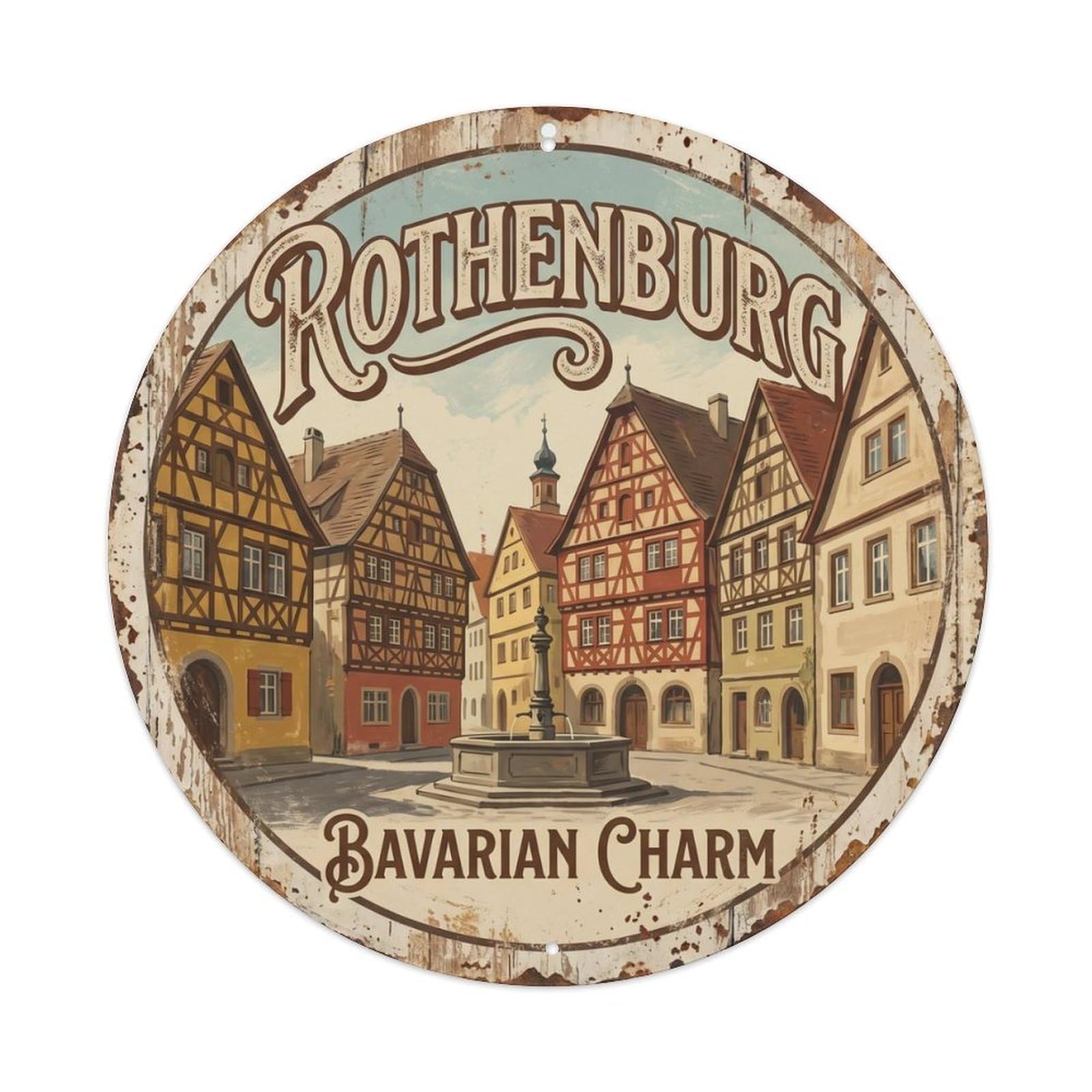 Vintage Travel Rothenburg Germany Medieval 1 Metal Tin Sign Plaque Wall Decor for Cafe, Club Bar, Office, Home Garden Round Metal Poster 8x8Inch