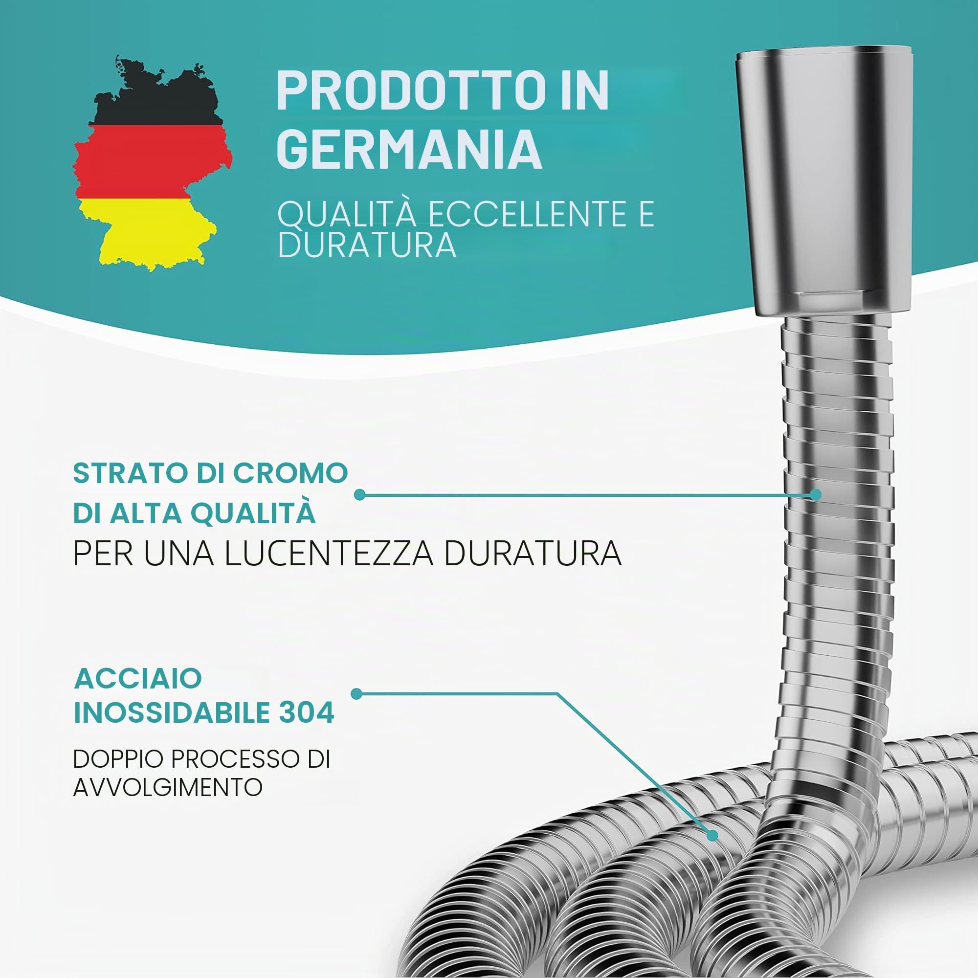 Engelbach® Tubo doccia flessibile 1,5m in acciaio inox - Con attacco standard - Flessibile e testato per l'acqua potabile - Made in Germany