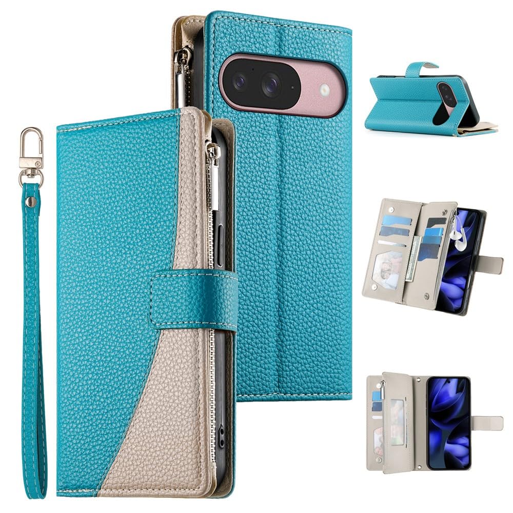 Case for Google Pixel 9 (Color: Lake Blue) Zipper Strap Leather Wallet Flip Case Cover