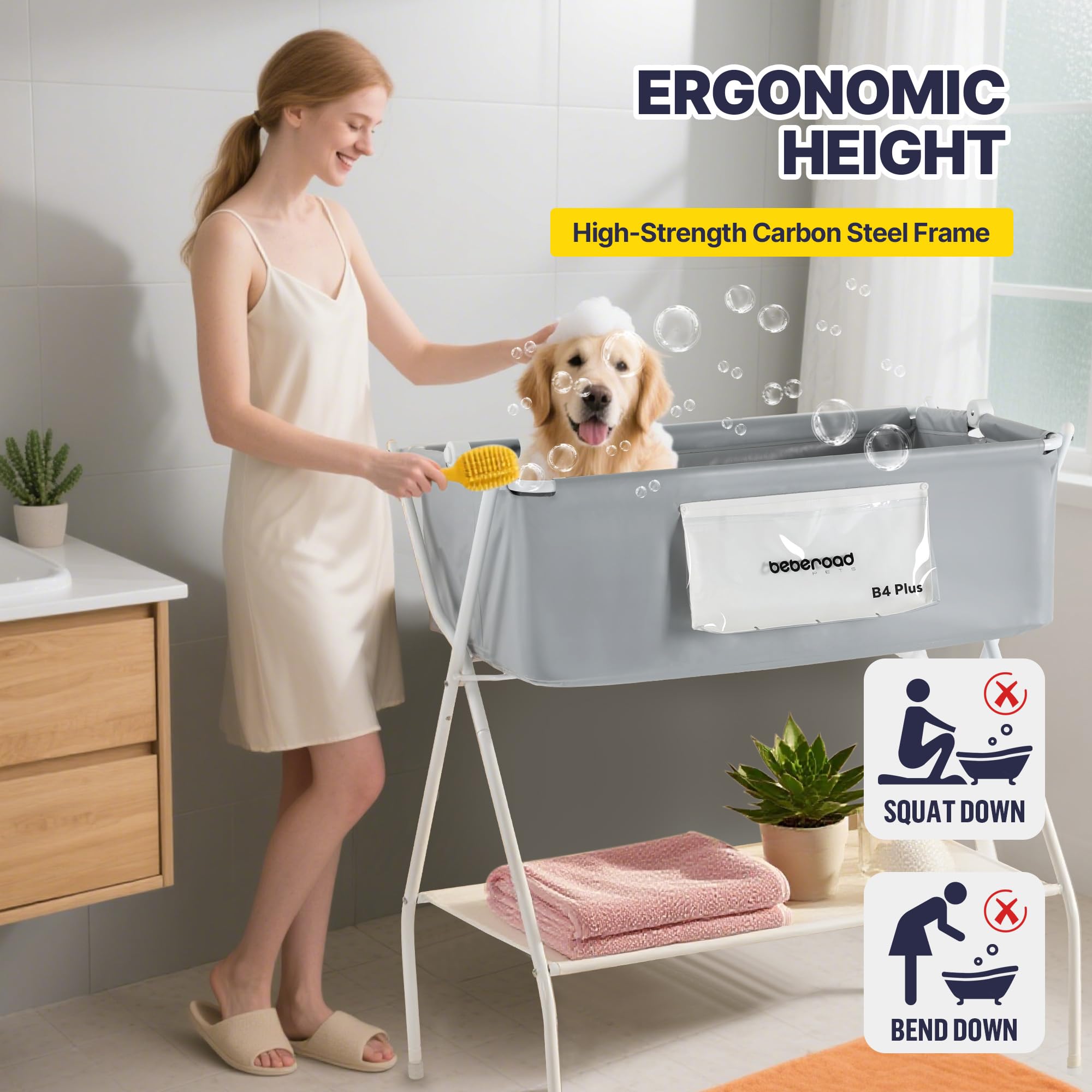 Beberoad 2 in 1 Dog Bath Tub Dog Washing Station for Bathing and Grooming, Elevated Collapsible Foldable Portable Shower Bathtub for Small Dogs Cats Pet, Indoor and Outdoor: Foldable Plus Gray
