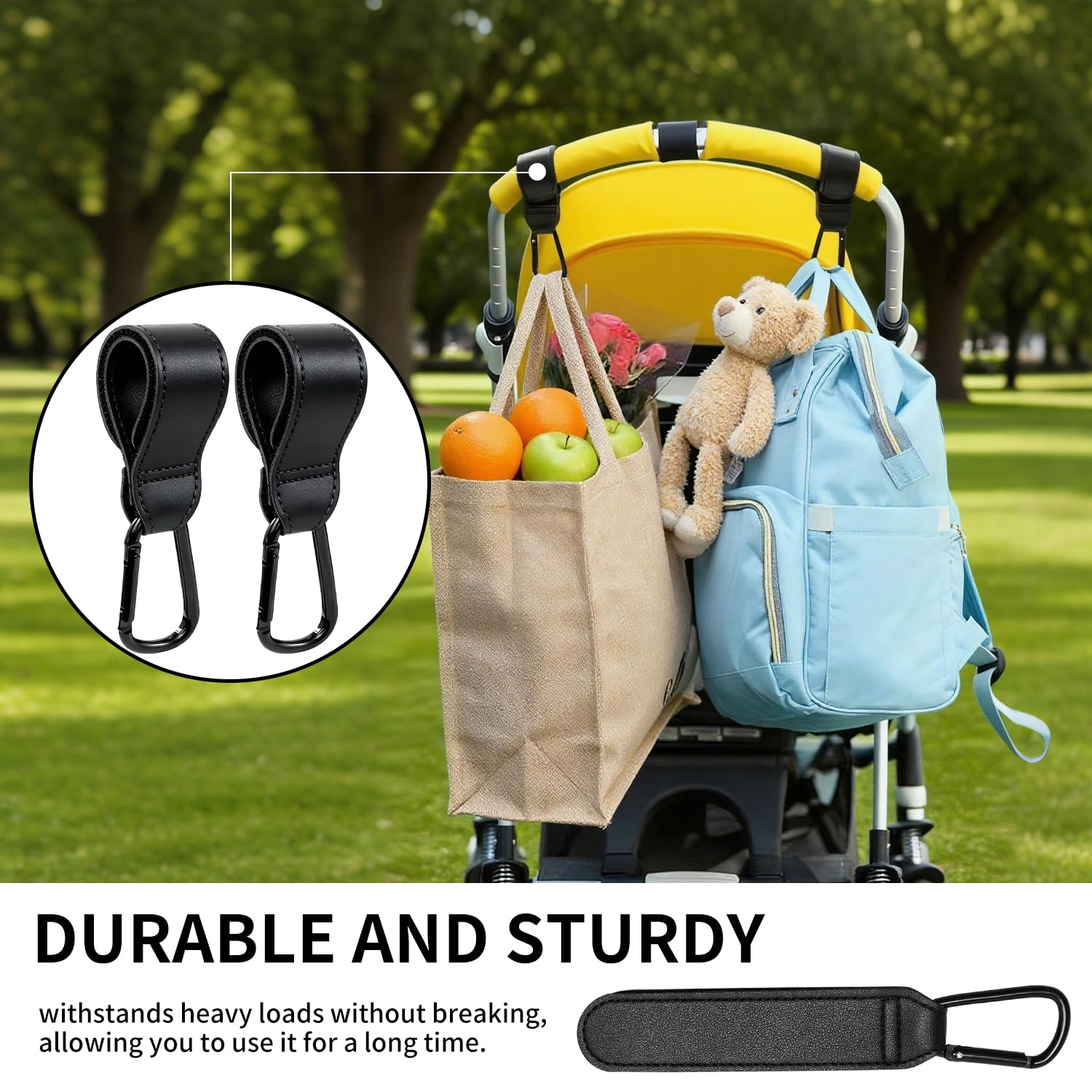 Verazquy 4Pcs Buggy Clips for Pram Non-Slip Bag Hooks Heavy Duty Pram Hooks with Carabiner Anti-Slip Adjustable Stroller Clips for Diaper Bag Pushchair Black PU Leather Durable Universal - Image 4