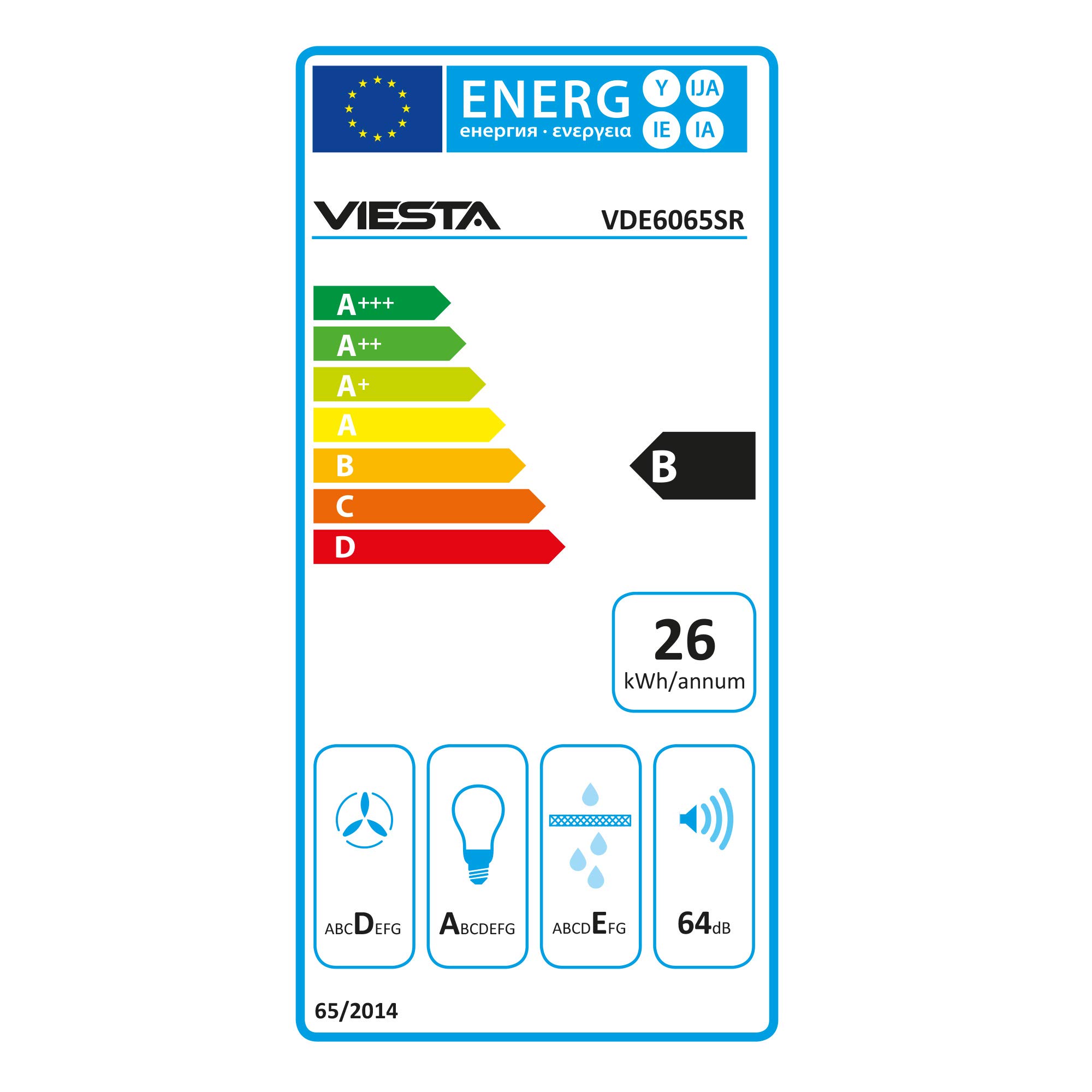 VIESTA VDE6065SR Dunstabzugshaube 60 cm Flachschirmhaube Edelstahl Abluft/Umluft 333,8 m³/h Energieklasse B