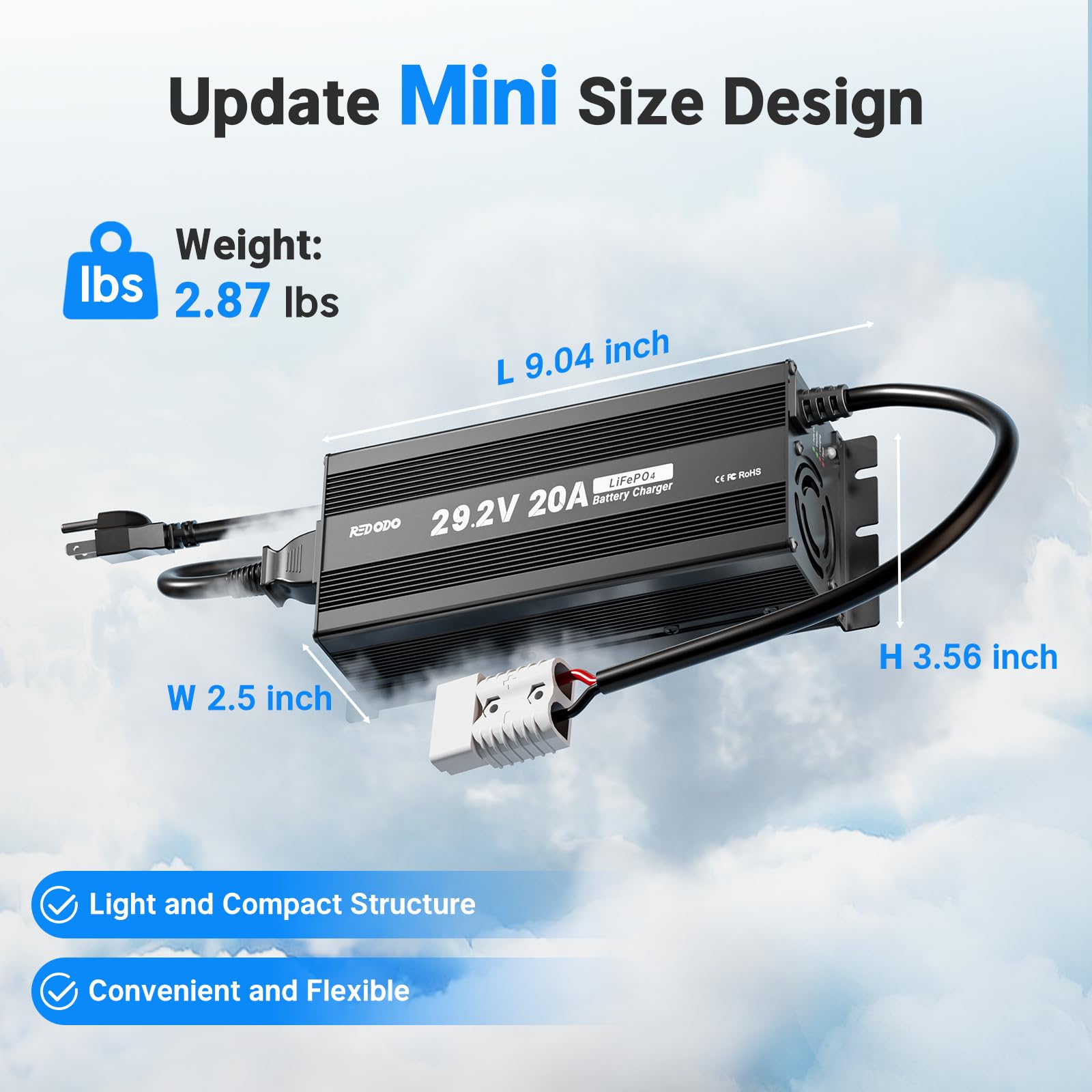 Redodo 29,2V 20A Aggiornamento MINI Formato LiFePO4 Caricabatterie Caricabatterie Rapido AC-DC Indicatori LED 6 Protezioni Alloggiamento Resistente Ventola di Raffreddamento
