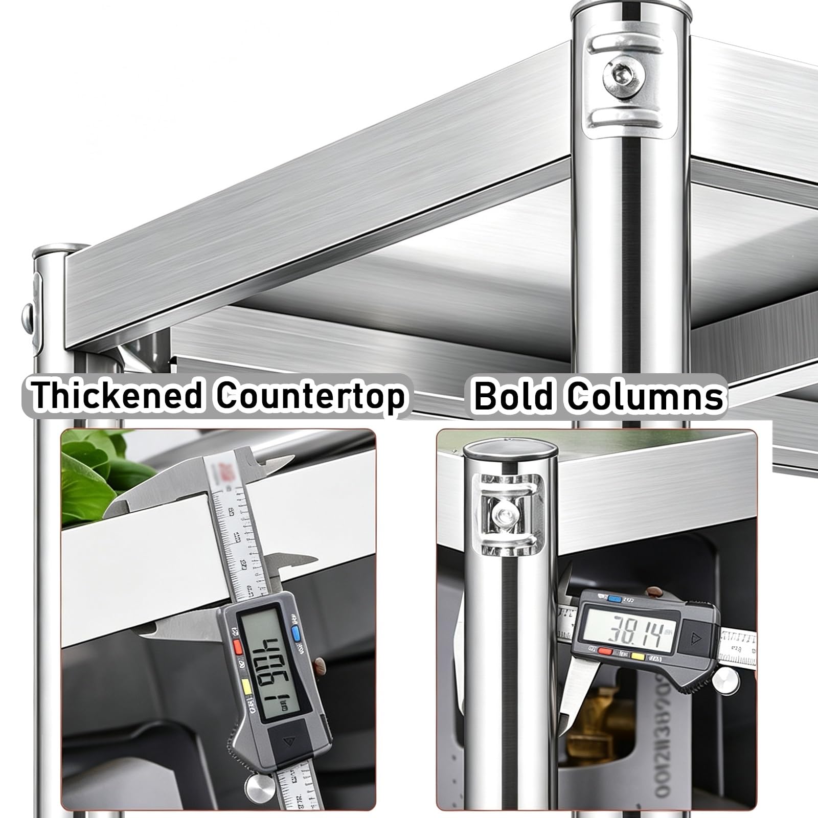 Mesa de Acero Inoxidable Solo Nivel Mesa de Trabajo de Cocina Estantería | Refuerzo de Travesaños Arriostramiento Triangular Pies Ajustables Alta Capacidad de Carga Superficies de Trabajo Reforzadas