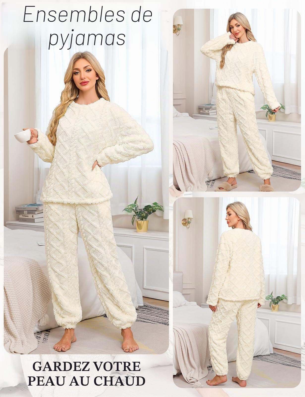 Niwicee Pyjama Femme Hiver Polaire Ensemble de Pyjama Chaud Doux Vêtements de Nuit Femme Pyjama 2 Pièces Manches Longues de Hauts Pantalon avec 2 Poches