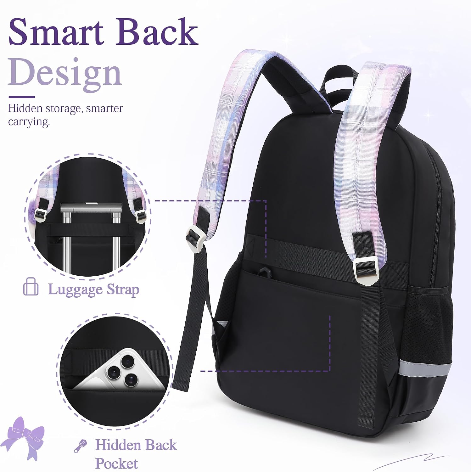 Alrisg Girls School Backpack Preppy Plaid Bookbag Lightweight Backpack for Girls Elementary Middle School Bow Black image 5