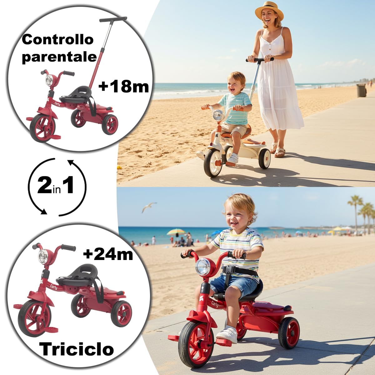 Twinly Triciclo Evolutivo per Bambini Pieghevole per bambini 1-5 Anni - Triciclo per Bambini Leggero e Compatto - Manubrio con Luce e Suono, Cestino e Barra di Spinta Regolabile Carly (Rosso)