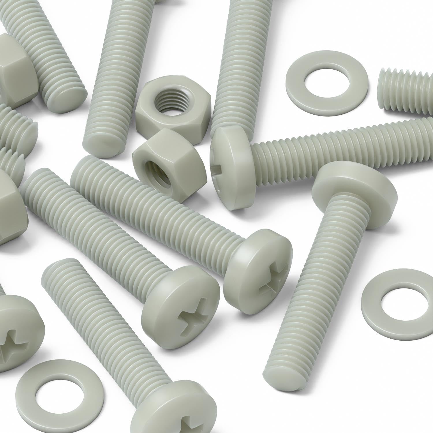 50 x Glass Filled Reinforced Super Nylon Pan Head, Crosshead Machine Screws, M8 x 40mm, Plastic Nuts and Bolts, Washers, (5/16 x 1-37/64 in)