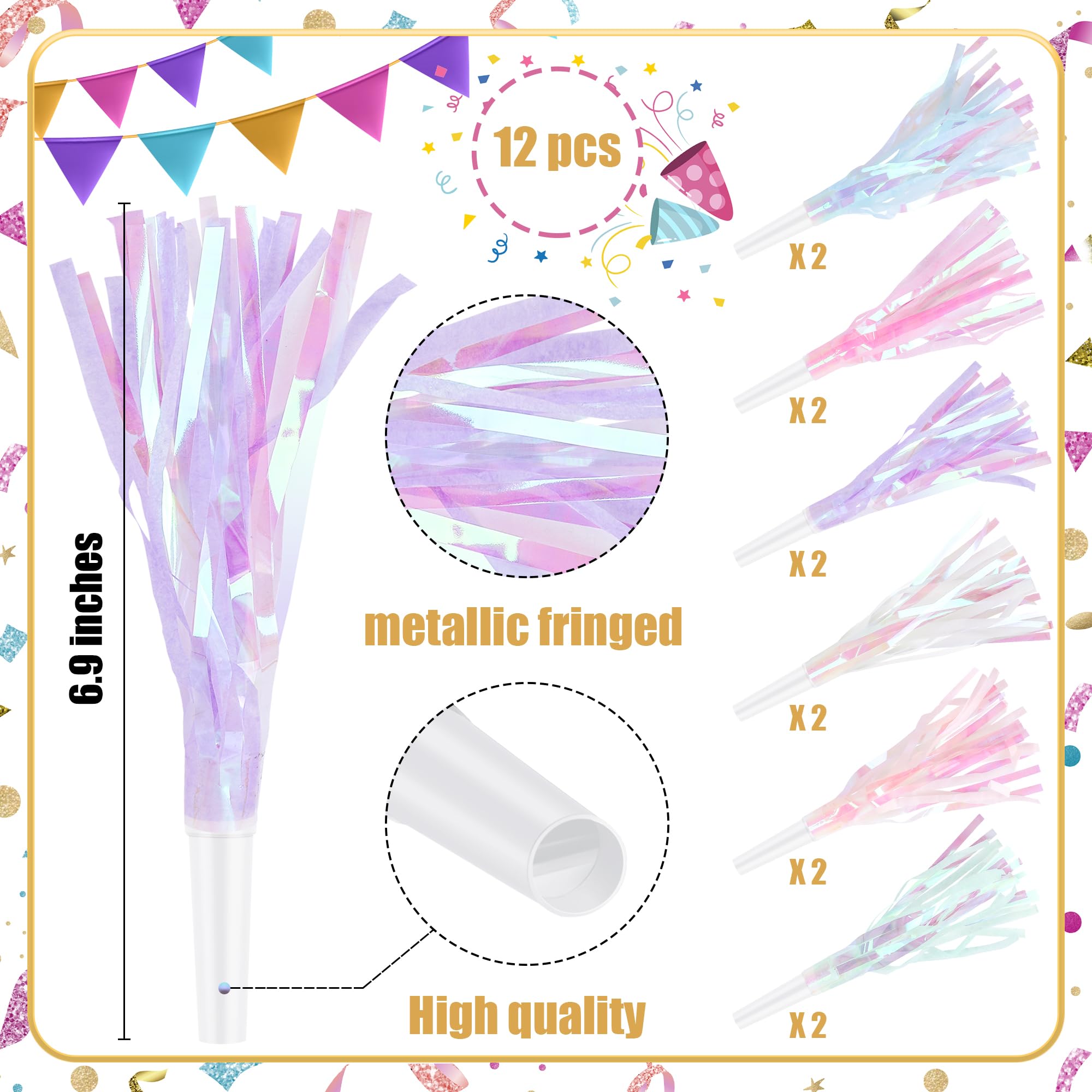 Twavang 12 Pcs Party Blowers Glitter Noise Makers Metallic Fringed Party Horns for Adults Birthday Graduation New Years Party Favors Supplies