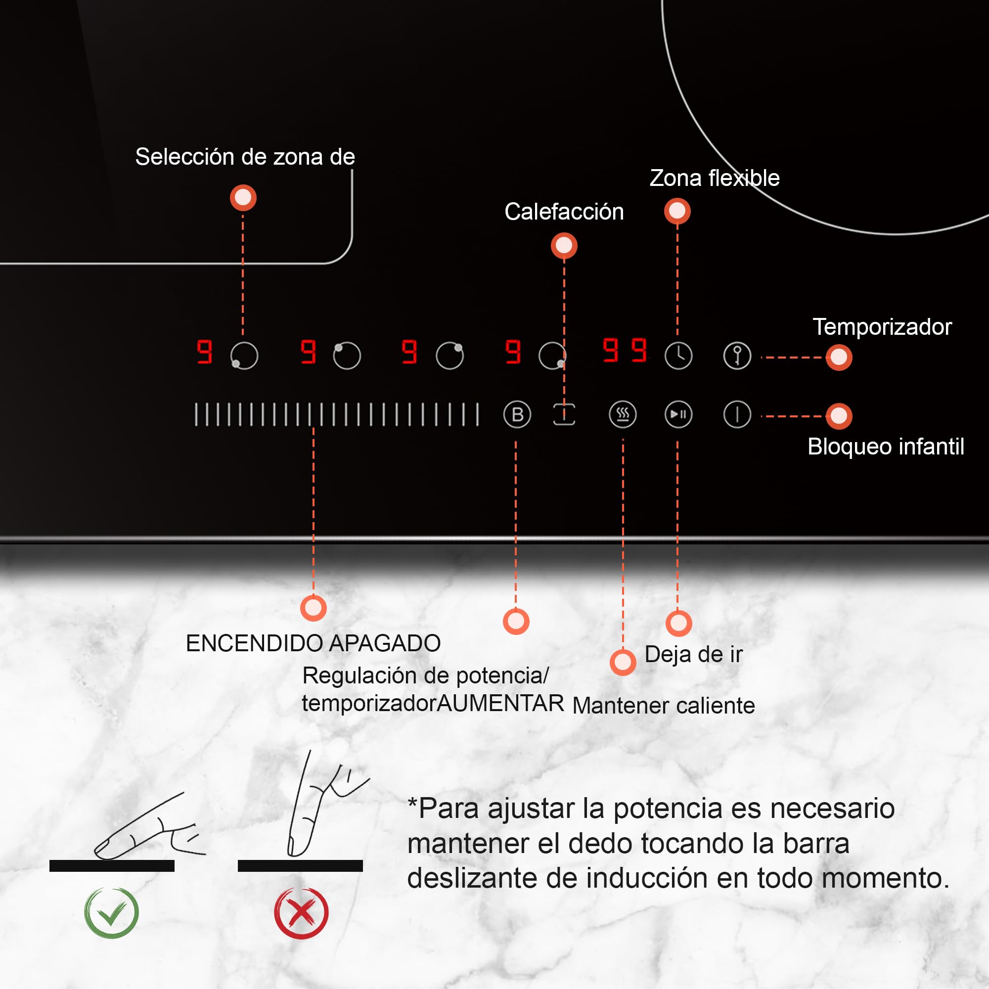 Karinear Piano Cottura Induzione 4 Fuochi, 60cm Piastra Induzione Elettrico 3500W con Flex Zona, Piani Cottura con Spina, 9 Power Comandi Toccare, Blocco di Sicurezza per Bambini, Timer Lock, Booster - 3