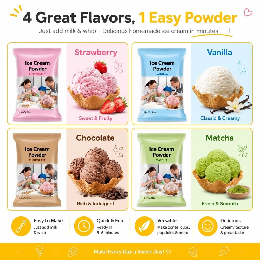 Poudre de crème glacée maison, 6 saveurs, 100 g par sachet