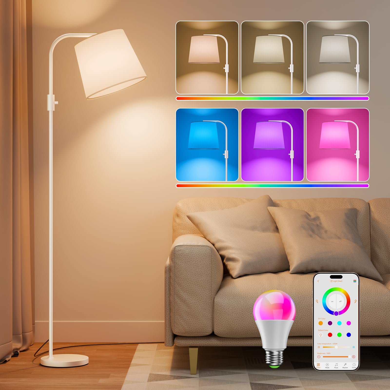 DUSKTEC Inteligentna Lampa PodłOgowa LED Do Salonu | ŁUkowa Lampa RGB 10 W / 1200 Lm Z Funkcją śCiemniania I łąCznośCią | PodłOgowa Sterowana Aplikacją Lub GłOsem, Z Alexa I Google Home