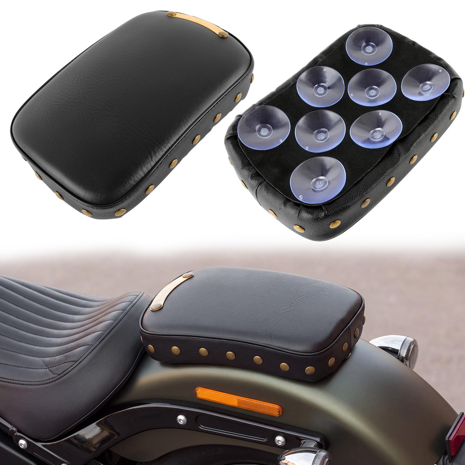 DREAMIZER Universal Black Motorcycle Solo Passenger Seat Rear Cushion 8 Suction Cups Compatible with Harley Sportster XL 883 1200 Forty Eight Dyna Chopper Bobber Custom (Black-Vintage)