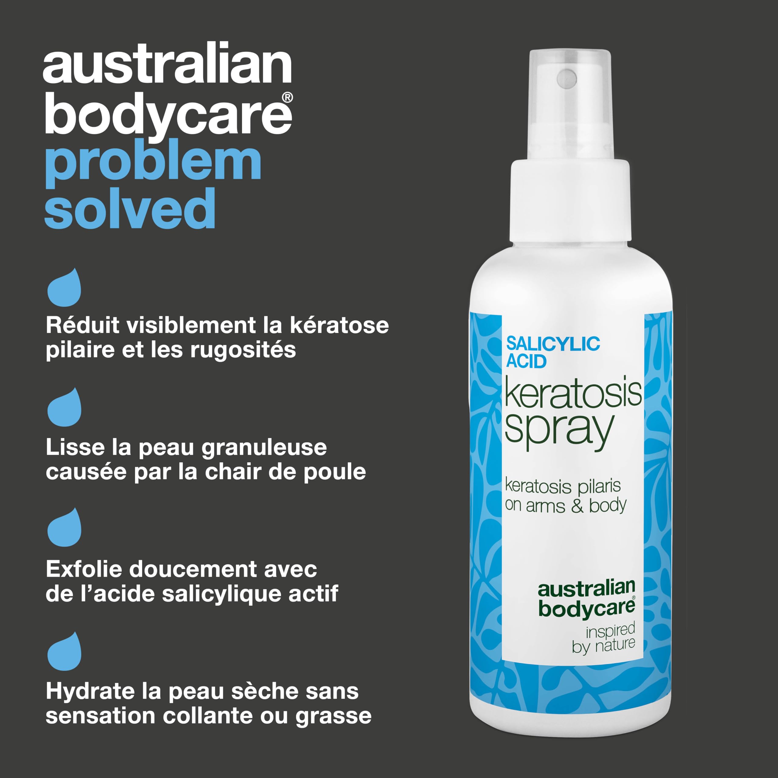 Spray kératose pilaire pour peau rugueuse, chair de poule et peau de fraise – avec acide salicylique, acide glycolique, glycérine et panthénol
