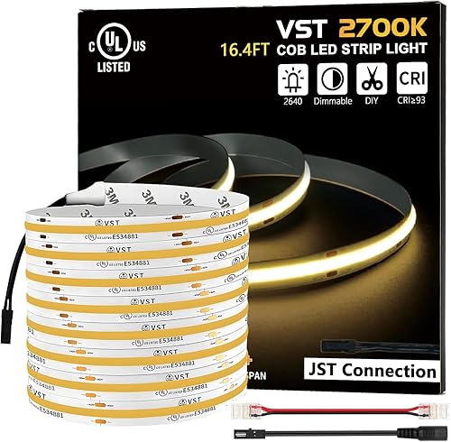 Miniatura 12 de VST Tira de luces LED COB de 16.4 pies, color blanco frío, 6500 K, cinta LED regulable de 12 V, 48 W, 2400 LED, Ra 93+, IP30, iluminación para