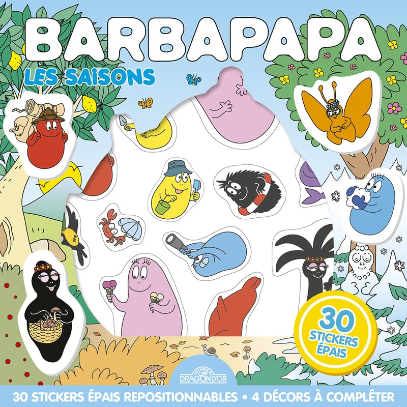 Barbapapa - Pochette de stickers épais repositionnables – Les saisons – Pochette de 30 autocollants épais et repositionnables avec 4 décors – Dès 3...